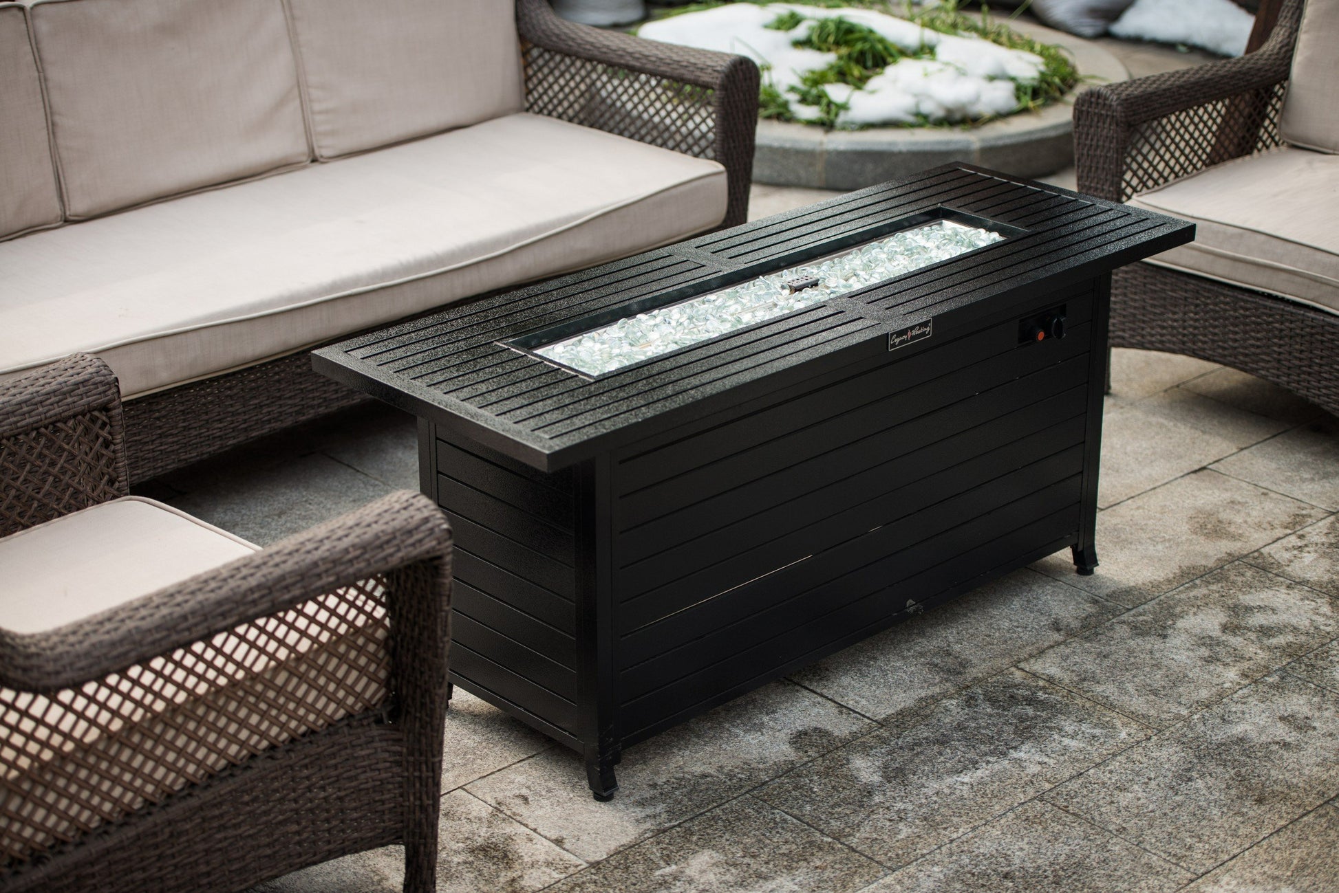 57In Outdoor Gas Propane Fire Pits Table, Aluminum, 50000Btu Firepit Fireplace Dinning Table With Lid, Fire Glass, Retangular, Etl Certification, For Garden Backyard Deck Patio Hammered Black Black Steel