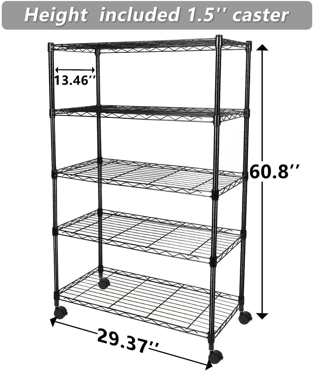 Simple Deluxe Heavy Duty 5 Shelf Shelving Unit, 29" D X 14"W X 61" H, 5 Tier, Black Silver Steel