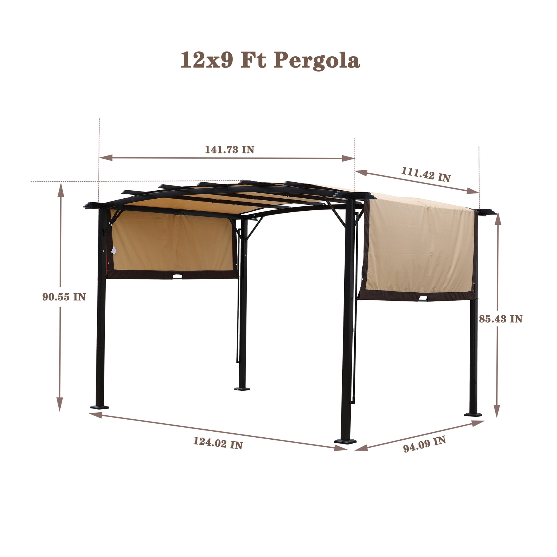 12 X 9 Ft Outdoor Pergola Patio Gazebo,Retractable Shade Canopy,Steel Frame Grape Gazebo,Sunshelter Pergola For Gardens,Terraces,Backyard Same As W419S00041 Beige Brown Steel