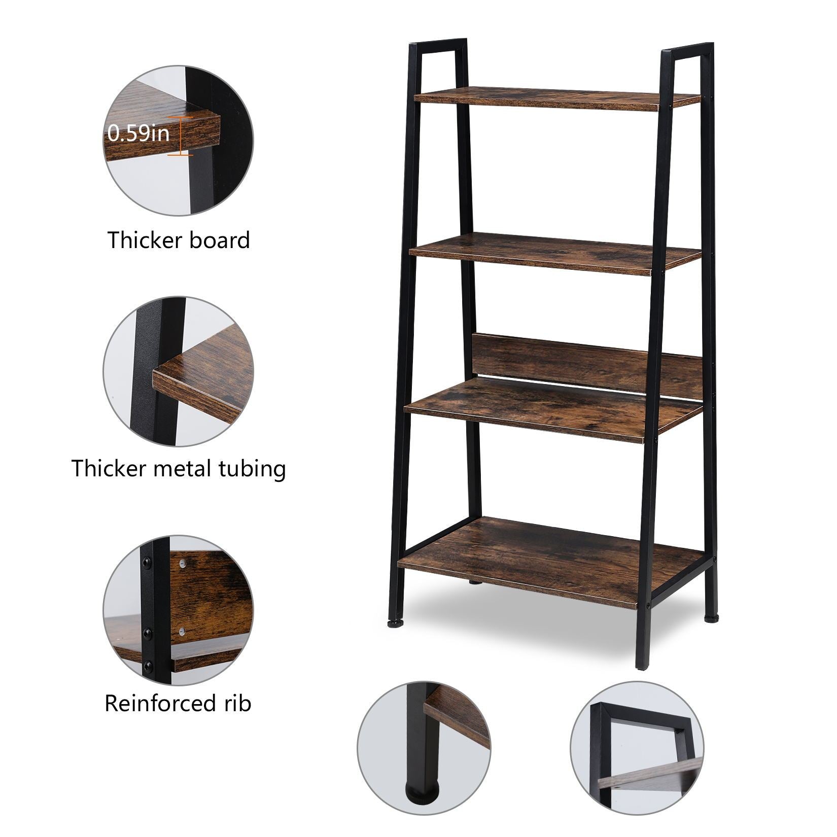 Yssoa 4 Tier Ladder Bookshelf Organizer, Rustic Brown Ladder Shelf For Home & Office, Wood Board & Metal Frame Rustic Brown Solid Wood