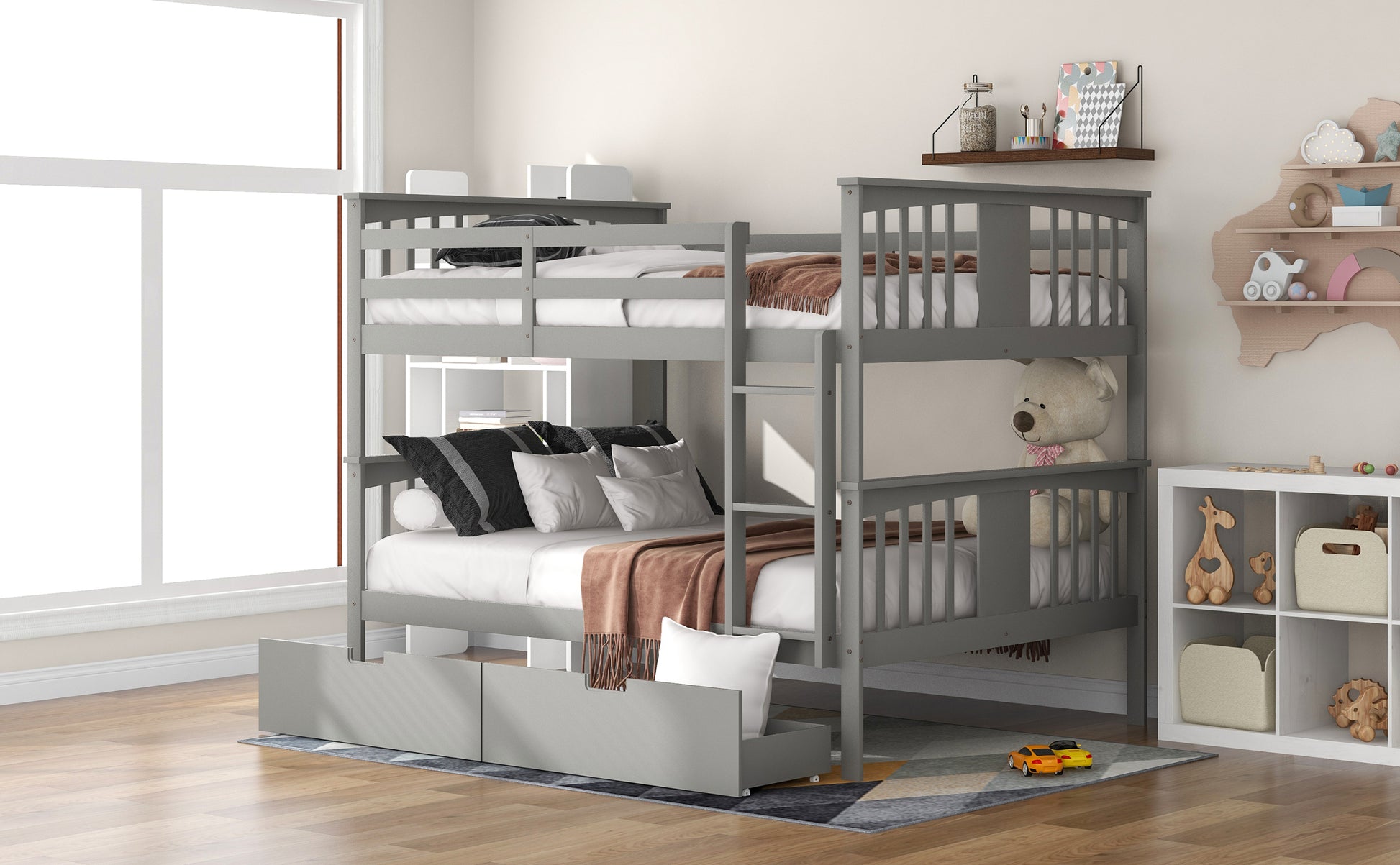 Full Over Full Bunk Bed With Drawers And Ladder For Bedroom, Guest Room Furniture Gray Old Sku :Lp000205Aae Gray Solid Wood