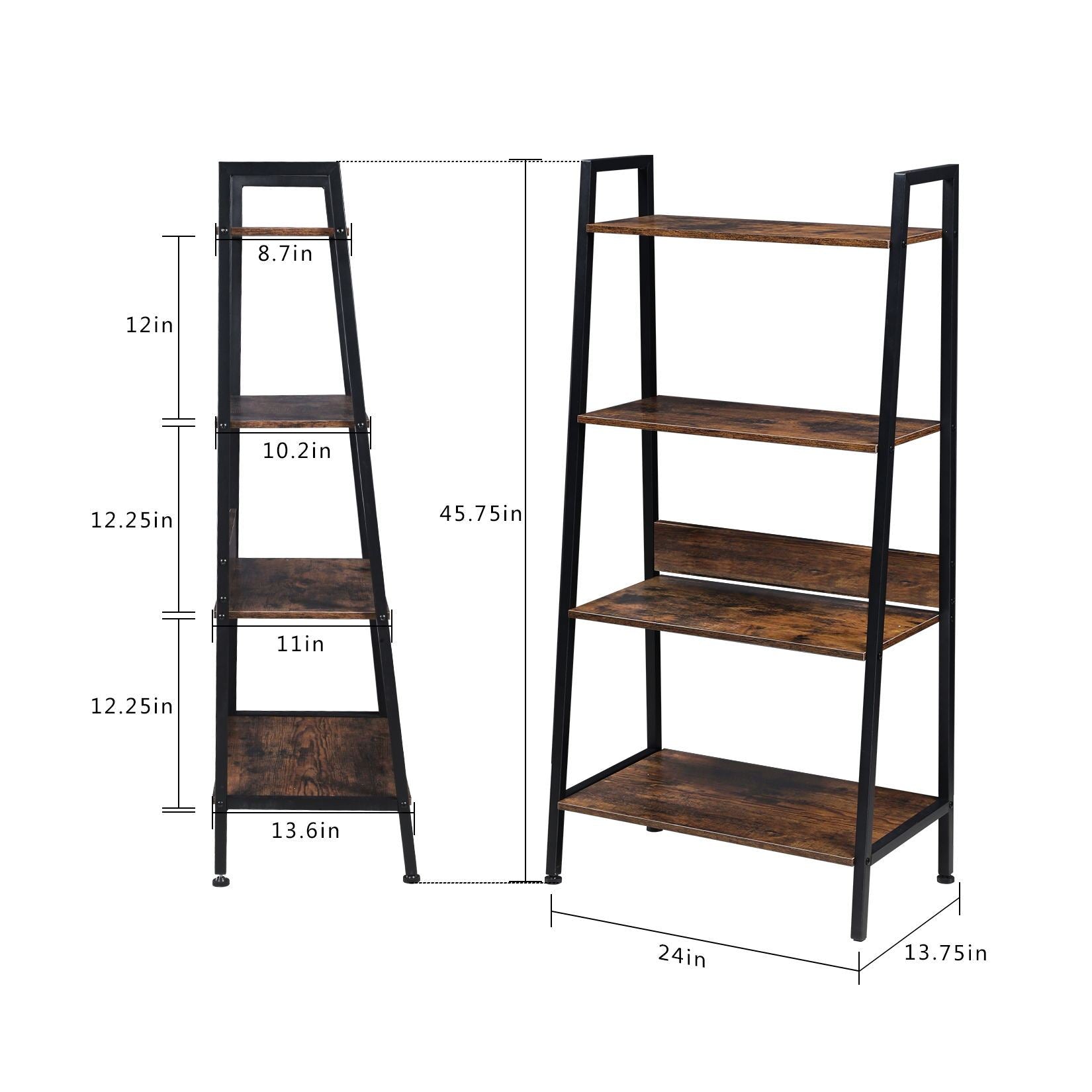 Yssoa 4 Tier Ladder Bookshelf Organizer, Rustic Brown Ladder Shelf For Home & Office, Wood Board & Metal Frame Rustic Brown Solid Wood