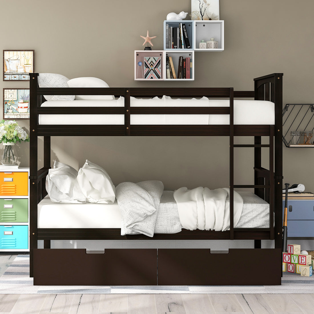 Full Over Full Bunk Bed With Drawers And Ladder For Bedroom, Guest Room Furniture Espresso Old Sku :Lp000205Aap Espresso Solid Wood