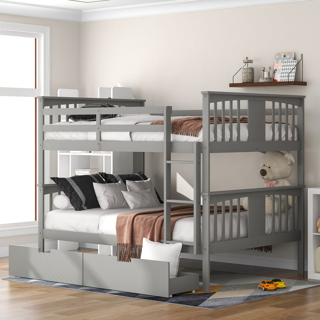 Full Over Full Bunk Bed With Drawers And Ladder For Bedroom, Guest Room Furniture Gray Old Sku :Lp000205Aae Gray Solid Wood