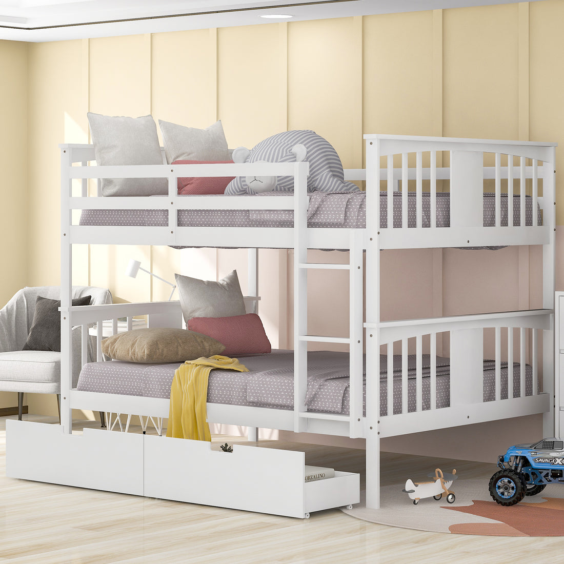 Full Over Full Bunk Bed With Drawers And Ladder For Bedroom, Guest Room Furniture White Old Sku :Lp000205Aak White Solid Wood