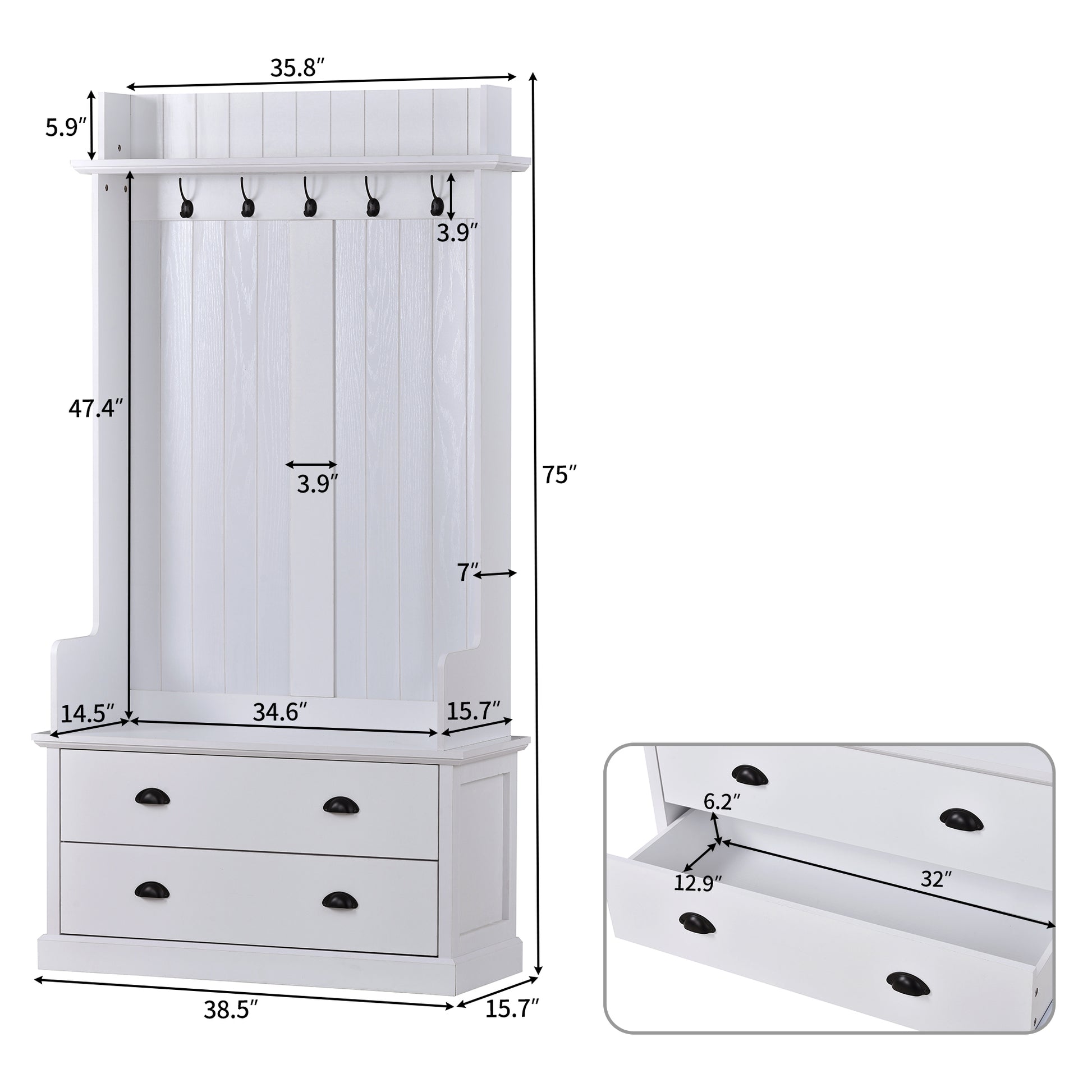 Vintage Style 38.5" Wide Hallway Coat Rack With 5 Metal Hooks And 2 Large Drawers Hall Tree, Metal Drawer Handles Entryway Bench Coat Hanger, White Old Sku: Wf286982Aak White Mdf