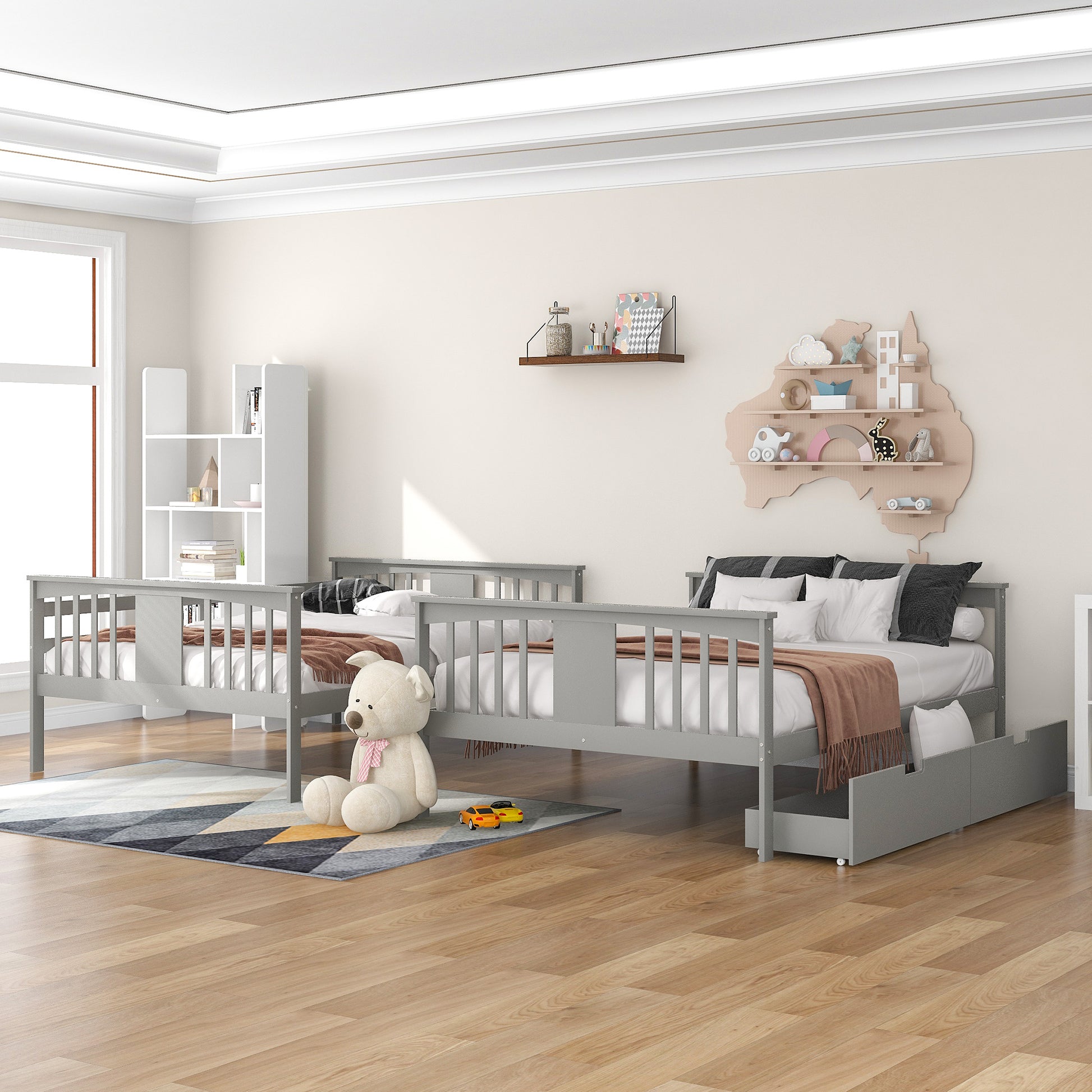 Full Over Full Bunk Bed With Drawers And Ladder For Bedroom, Guest Room Furniture Gray Old Sku :Lp000205Aae Gray Solid Wood