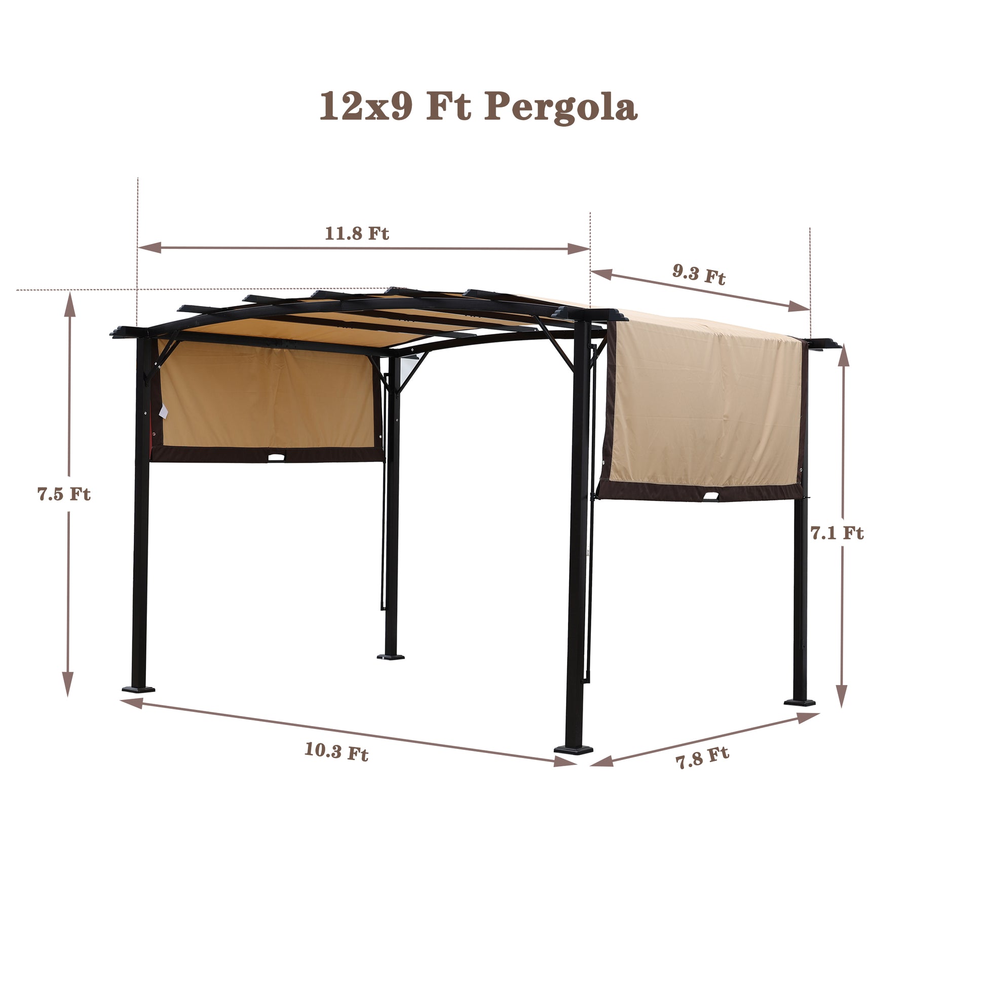12 X 9 Ft Outdoor Pergola Patio Gazebo,Retractable Shade Canopy,Steel Frame Grape Gazebo,Sunshelter Pergola For Gardens,Terraces,Backyard Same As W419S00041 Beige Brown Steel