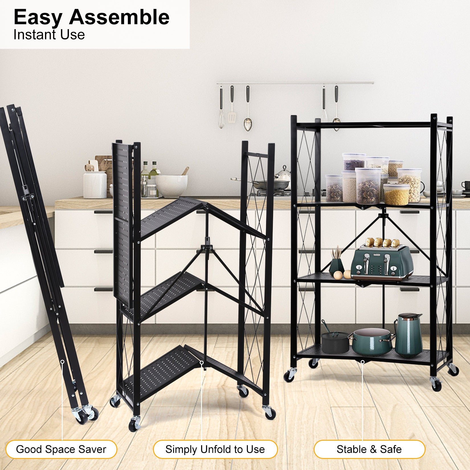 Healsmart 4 Tier Heavy Duty Foldable Metal Rack Storage Shelving Unit With Wheels Moving Easily Organizer Shelves Great For Garage Kitchen Holds Up To 1000 Lbs Capacity, Black Black Iron