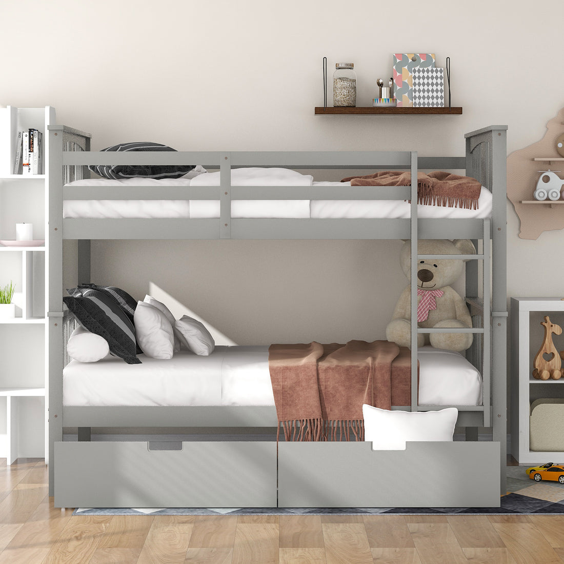 Full Over Full Bunk Bed With Drawers And Ladder For Bedroom, Guest Room Furniture Gray Old Sku :Lp000205Aae Gray Solid Wood