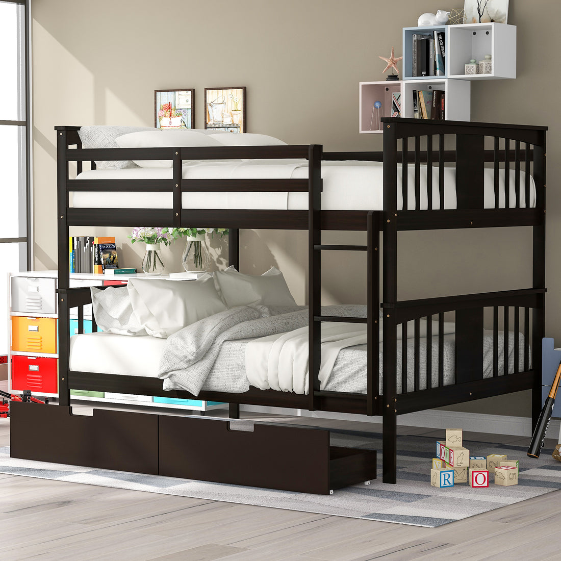 Full Over Full Bunk Bed With Drawers And Ladder For Bedroom, Guest Room Furniture Espresso Old Sku :Lp000205Aap Espresso Solid Wood