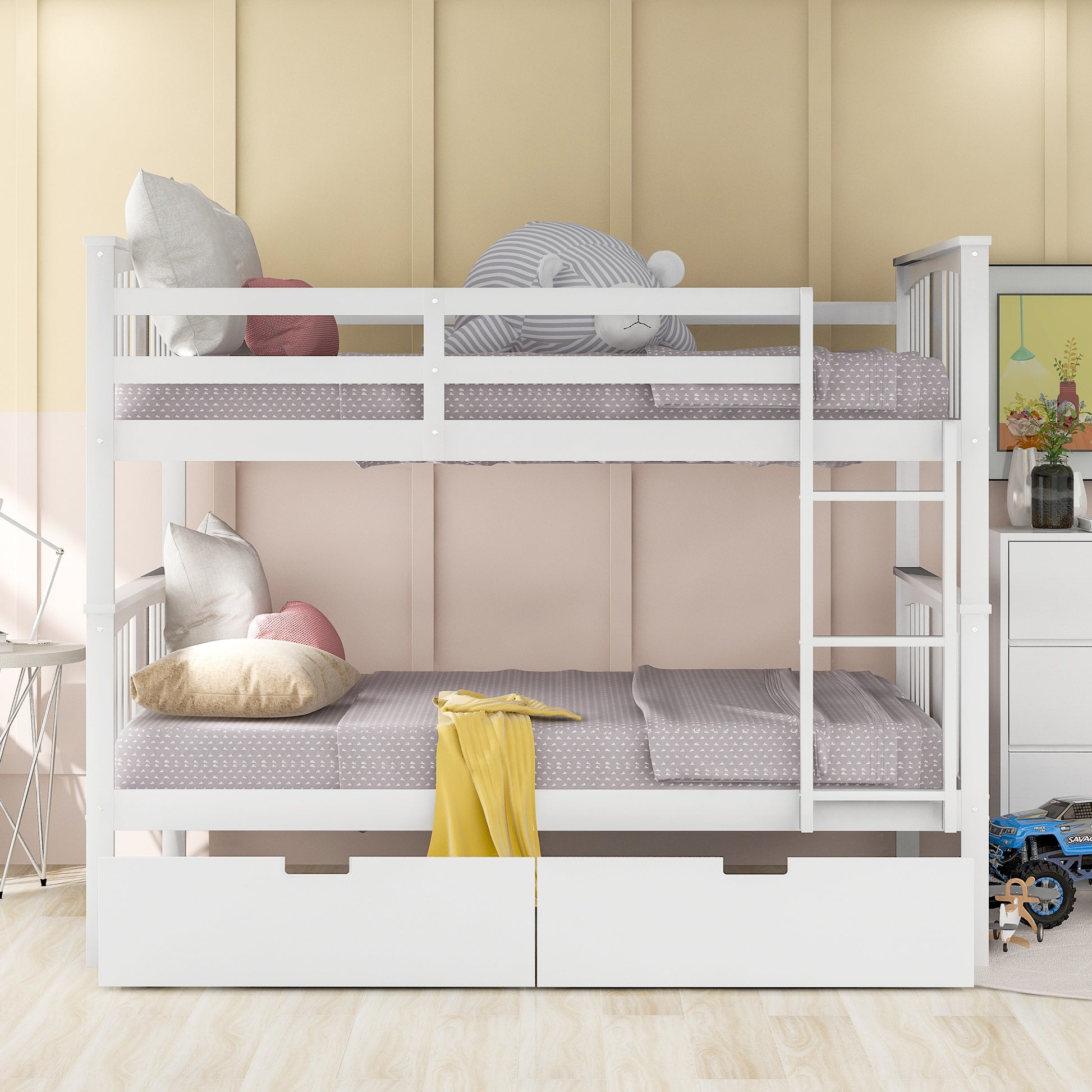 Full Over Full Bunk Bed With Drawers And Ladder For Bedroom, Guest Room Furniture White Old Sku :Lp000205Aak White Solid Wood