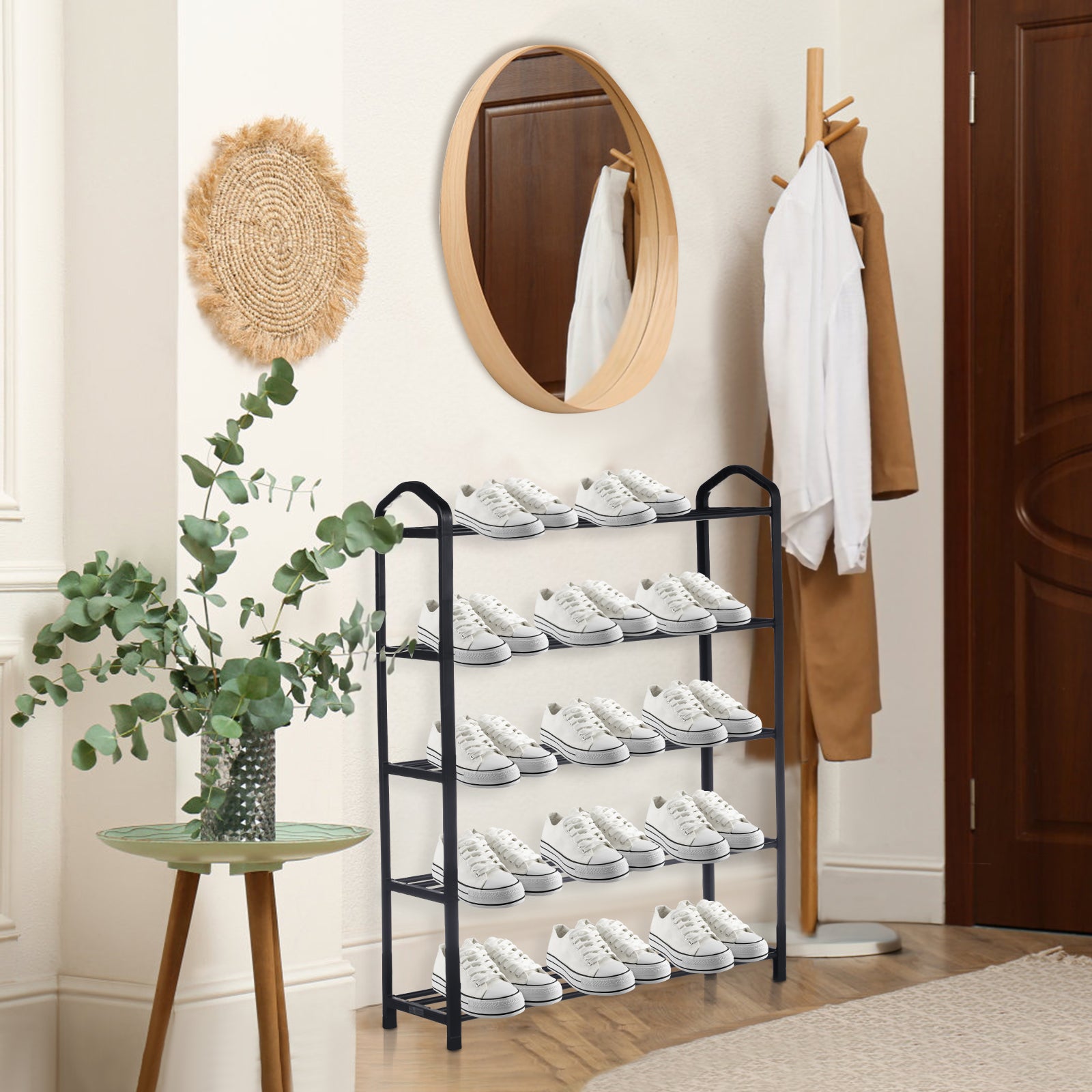 Yssoa 5 Tier Stackable Shoe Rack, 15 Pairs Sturdy Shoe Shelf Storageblack Shoe Tower For Bedroom, Entryway, Hallway, And Closet Black Carbon Steel