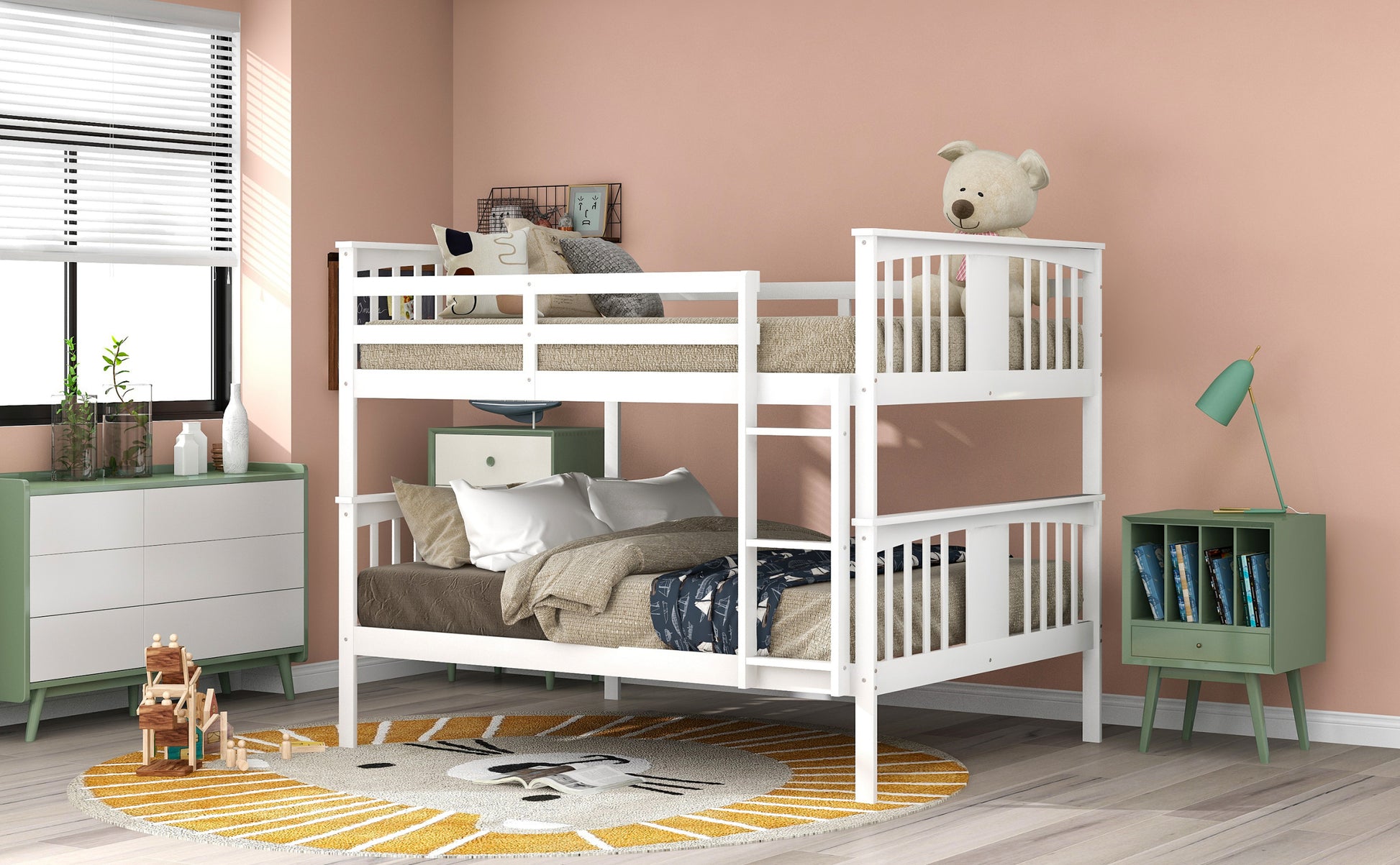 Full Over Full Bunk Bed With Ladder For Bedroom, Guest Room Furniture White Old Sku :Lp000203Aak White Solid Wood