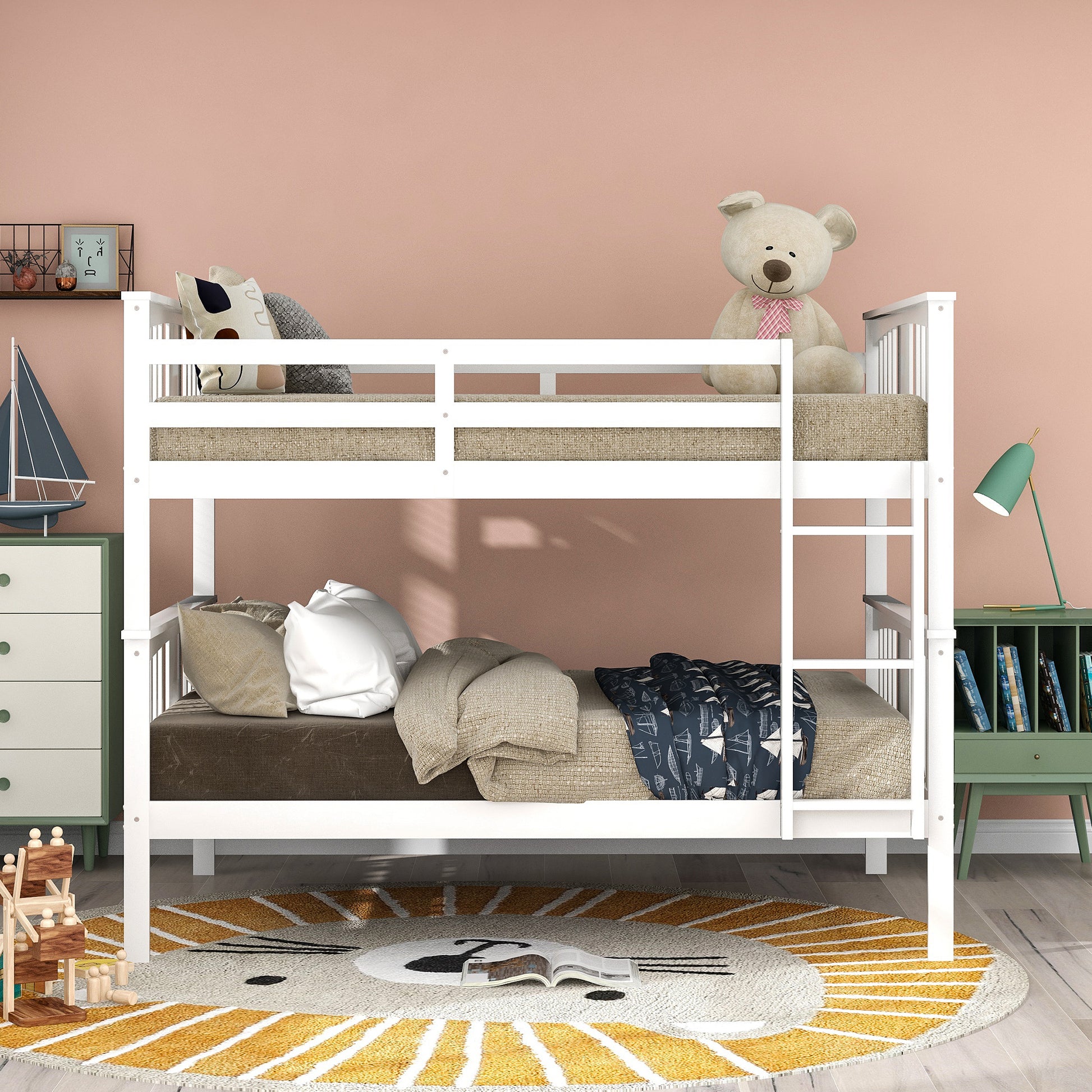 Full Over Full Bunk Bed With Ladder For Bedroom, Guest Room Furniture White Old Sku :Lp000203Aak White Solid Wood