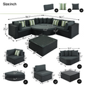 7 Piece Outdoor Wicker Sofa Set, Rattan Sofa Lounger, With Striped Green Pillows, Conversation Sofa, For Patio, Garden, Deck, Black Wicker, Gray Cushion Gray Wicker