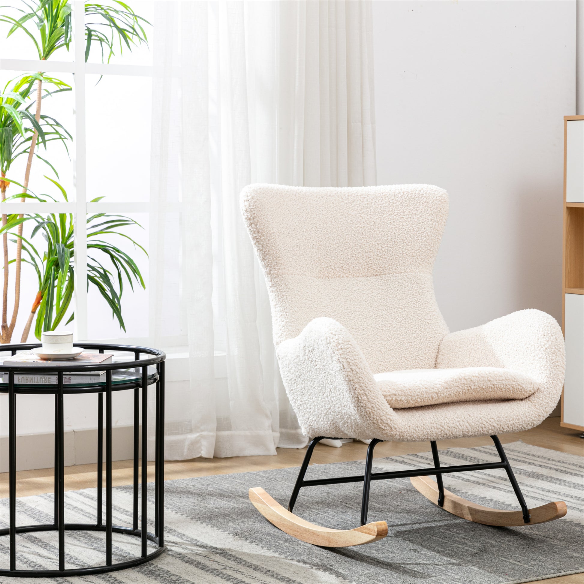 Teddy Fabric Padded Seat Rocking Chair With High Backrest And Armrests Beige Foam Upholstered