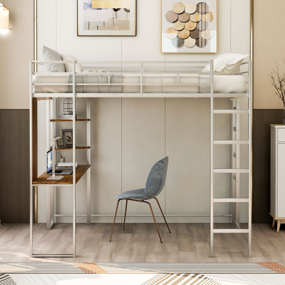 Full Size Metal Loft Bed With 2 Shelves And One Desk ,Silver Old Sku: Lp000191Aan Silver Metal