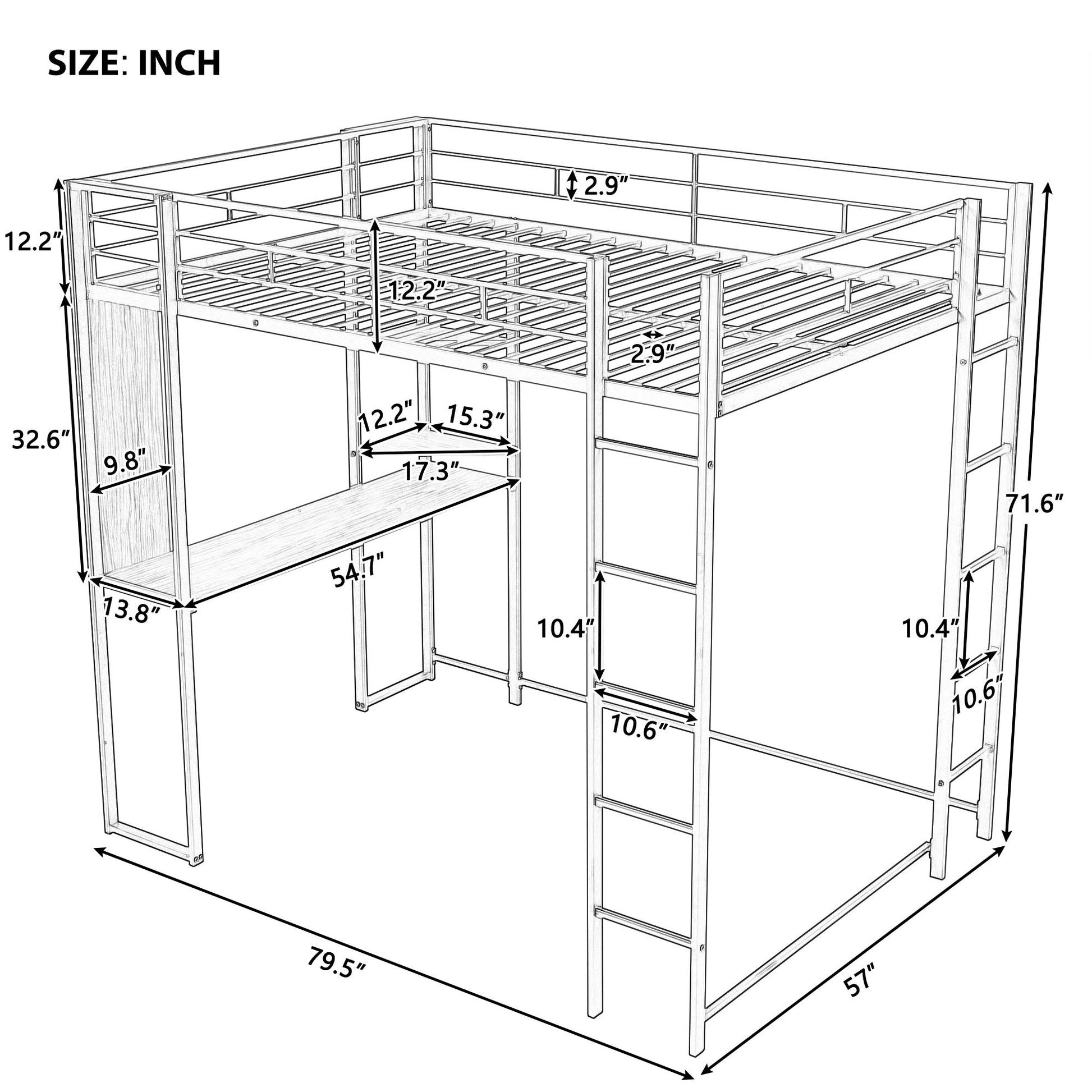 Full Size Metal Loft Bed With 2 Shelves And One Desk ,Black Old Sku: Lp000191Aab Black Metal