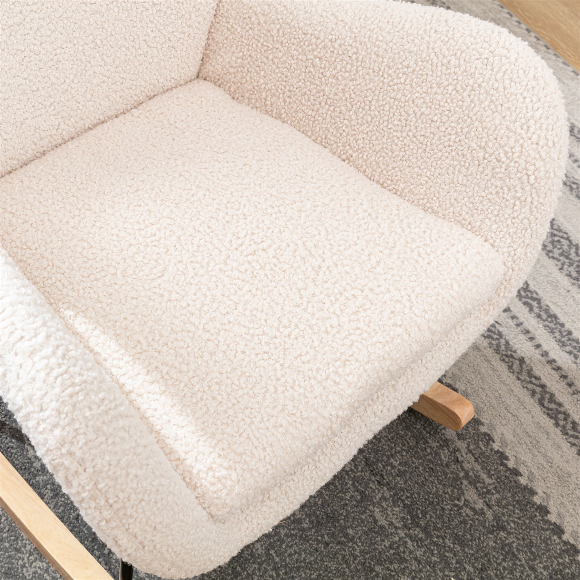 Teddy Fabric Padded Seat Rocking Chair With High Backrest And Armrests Beige Foam Upholstered