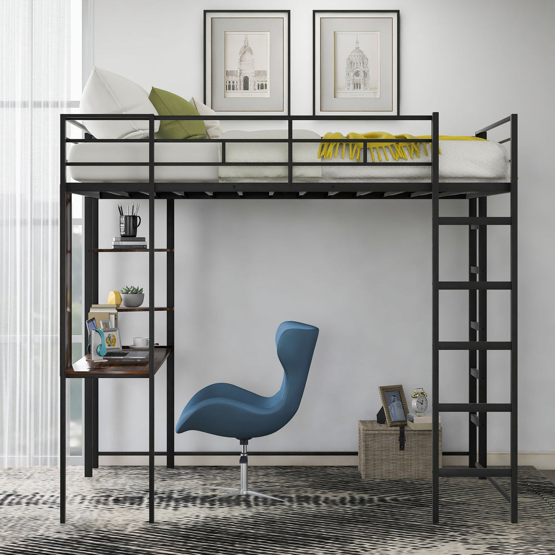 Full Size Metal Loft Bed With 2 Shelves And One Desk ,Black Old Sku: Lp000191Aab Black Metal