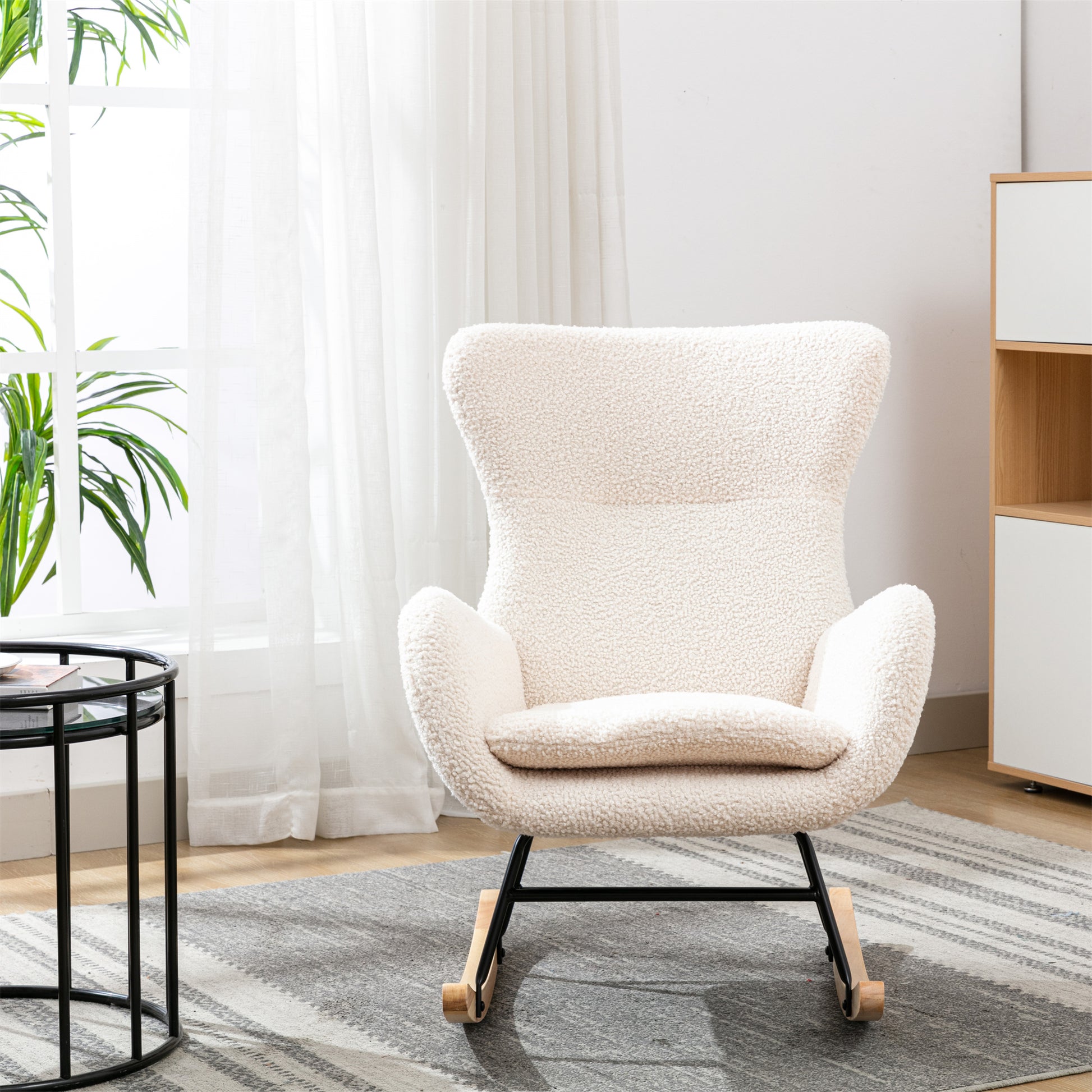 Teddy Fabric Padded Seat Rocking Chair With High Backrest And Armrests Beige Foam Upholstered