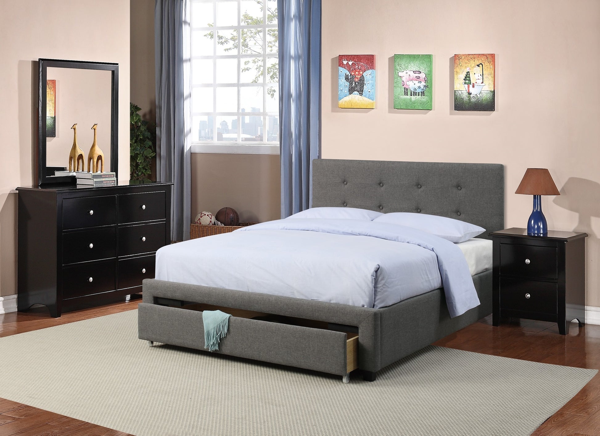 Bedroom Furniture Grey Polyfiber 1Pc Queen Size Bed Tufted Headboard Storage Drawers Footboard Box Spring Not Required Queen Grey Bedroom Modern Poplar Storage Included Solid Wood