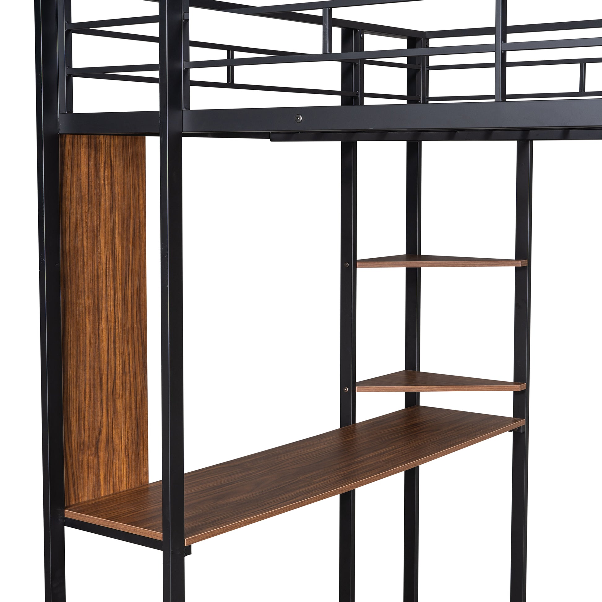 Full Size Metal Loft Bed With 2 Shelves And One Desk ,Black Old Sku: Lp000191Aab Black Metal