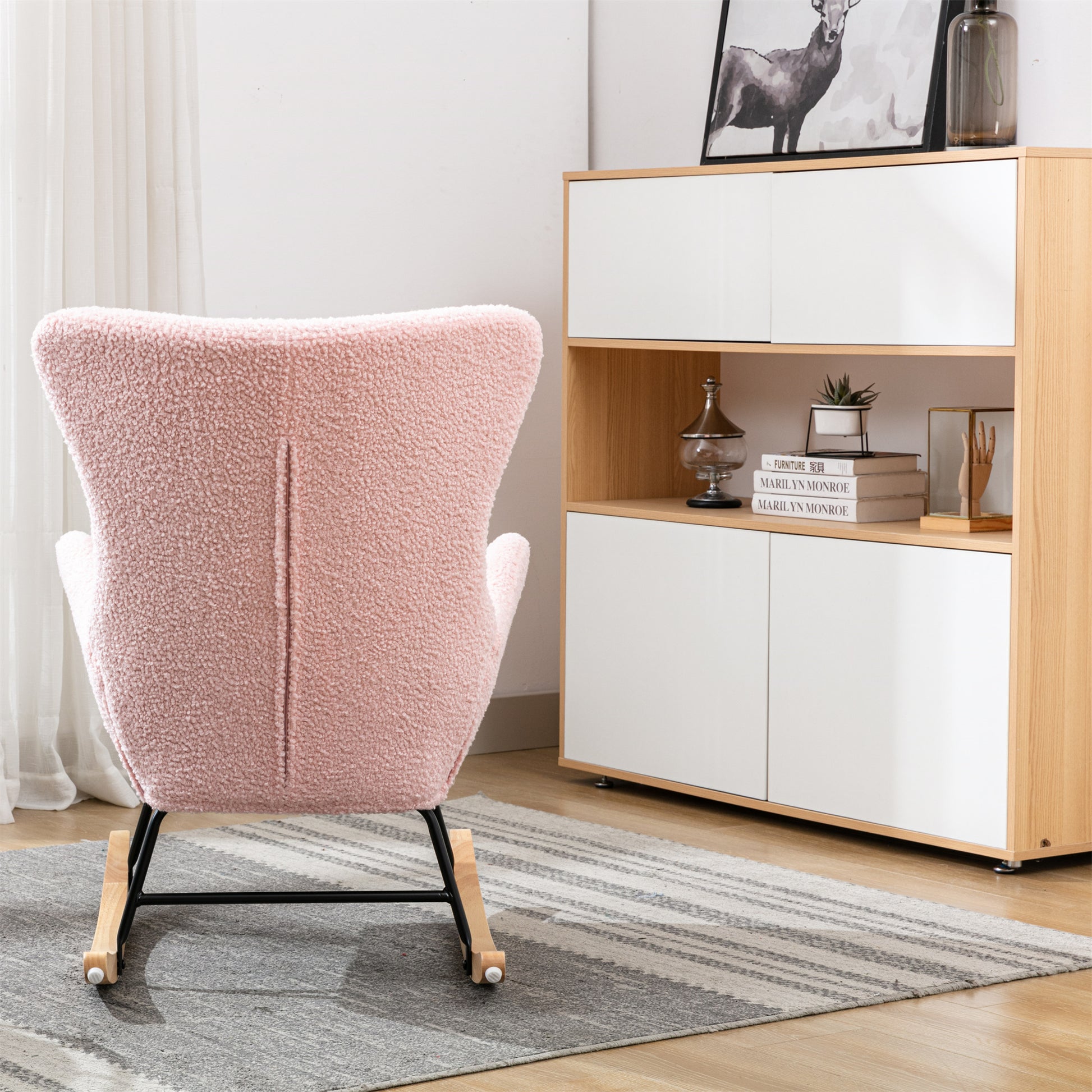 Teddy Fabric Padded Seat Rocking Chair With High Backrest And Armrests Pink Foam Upholstered