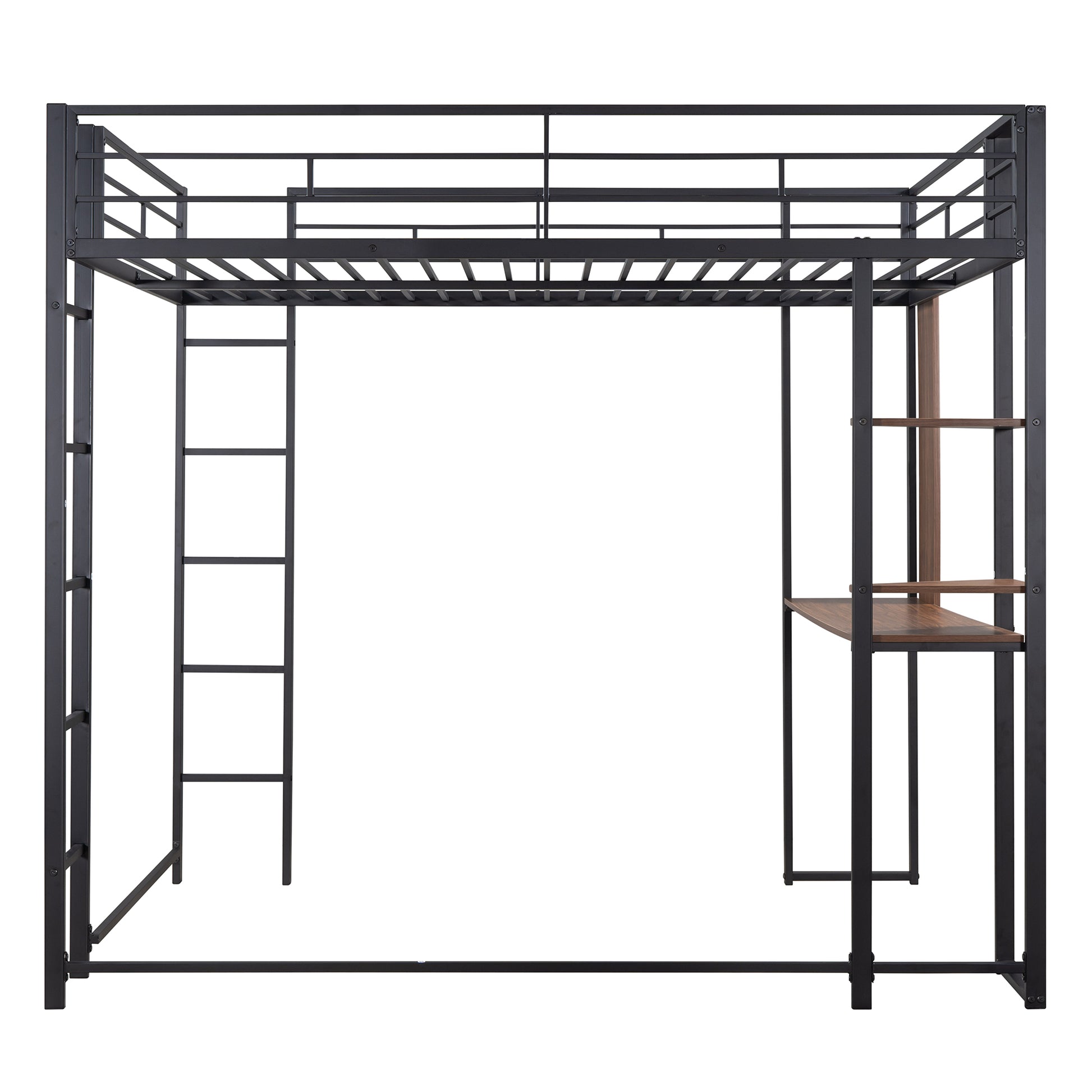 Full Size Metal Loft Bed With 2 Shelves And One Desk ,Black Old Sku: Lp000191Aab Black Metal