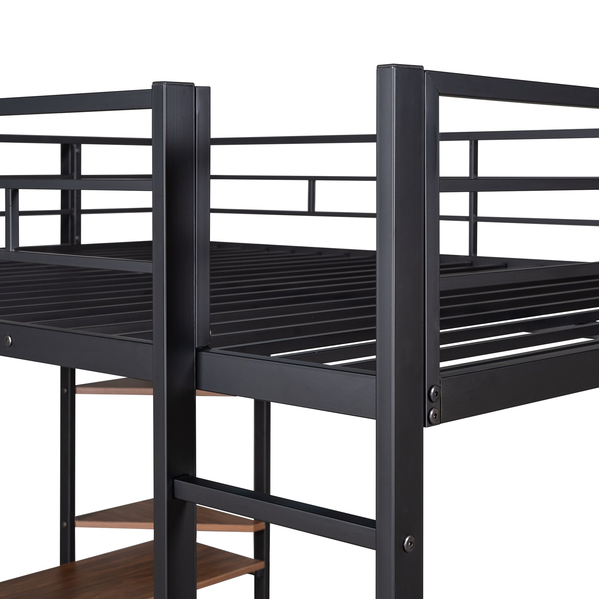 Full Size Metal Loft Bed With 2 Shelves And One Desk ,Black Old Sku: Lp000191Aab Black Metal