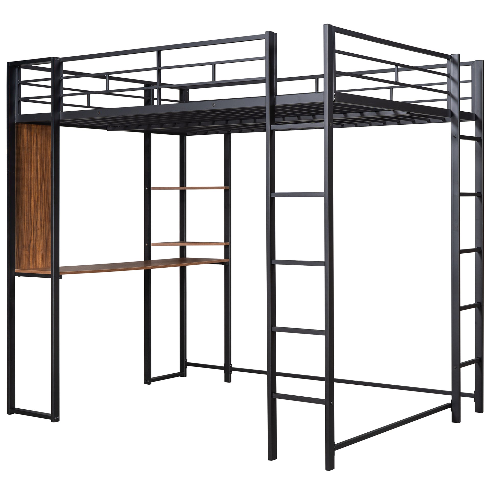 Full Size Metal Loft Bed With 2 Shelves And One Desk ,Black Old Sku: Lp000191Aab Black Metal