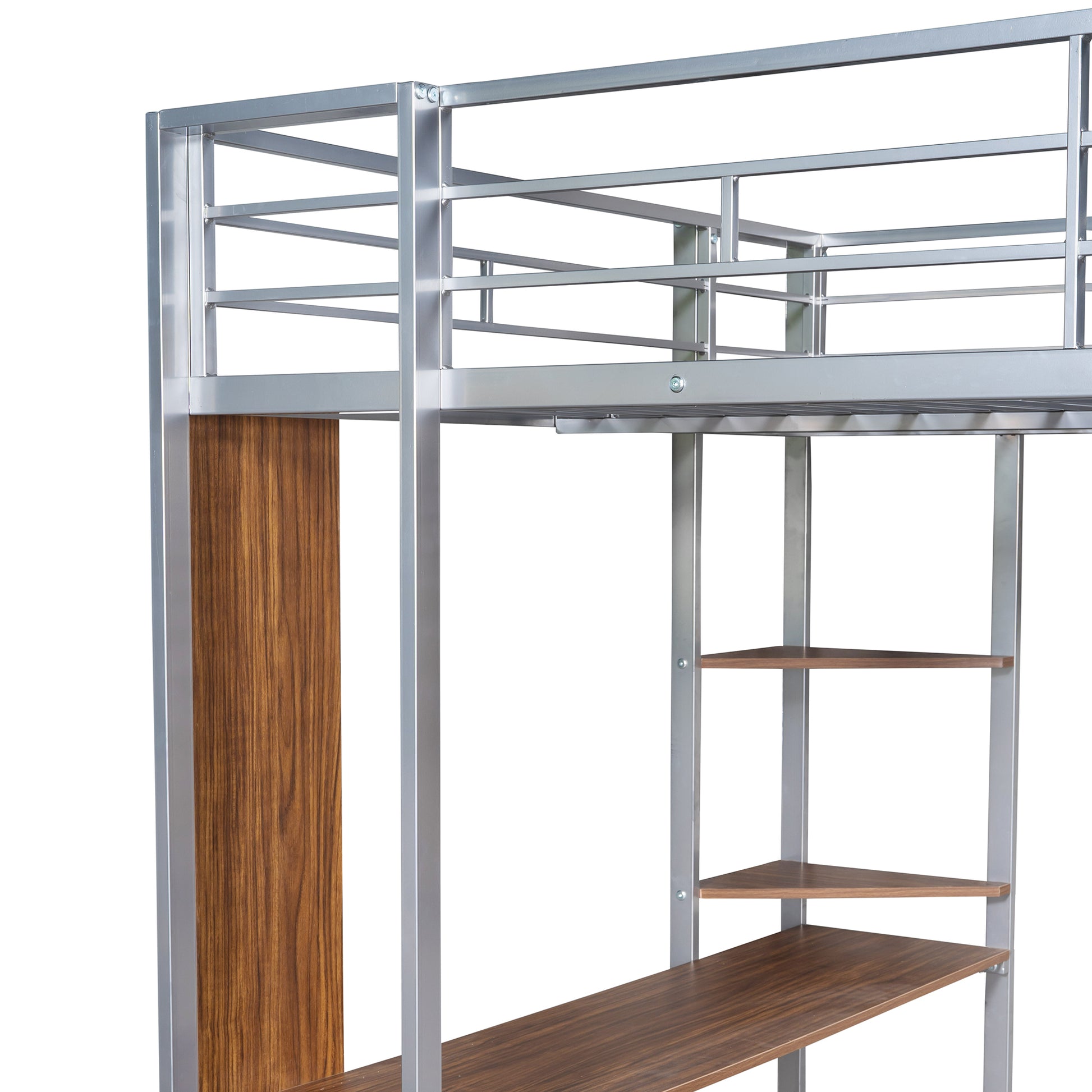 Full Size Metal Loft Bed With 2 Shelves And One Desk ,Silver Old Sku: Lp000191Aan Silver Metal