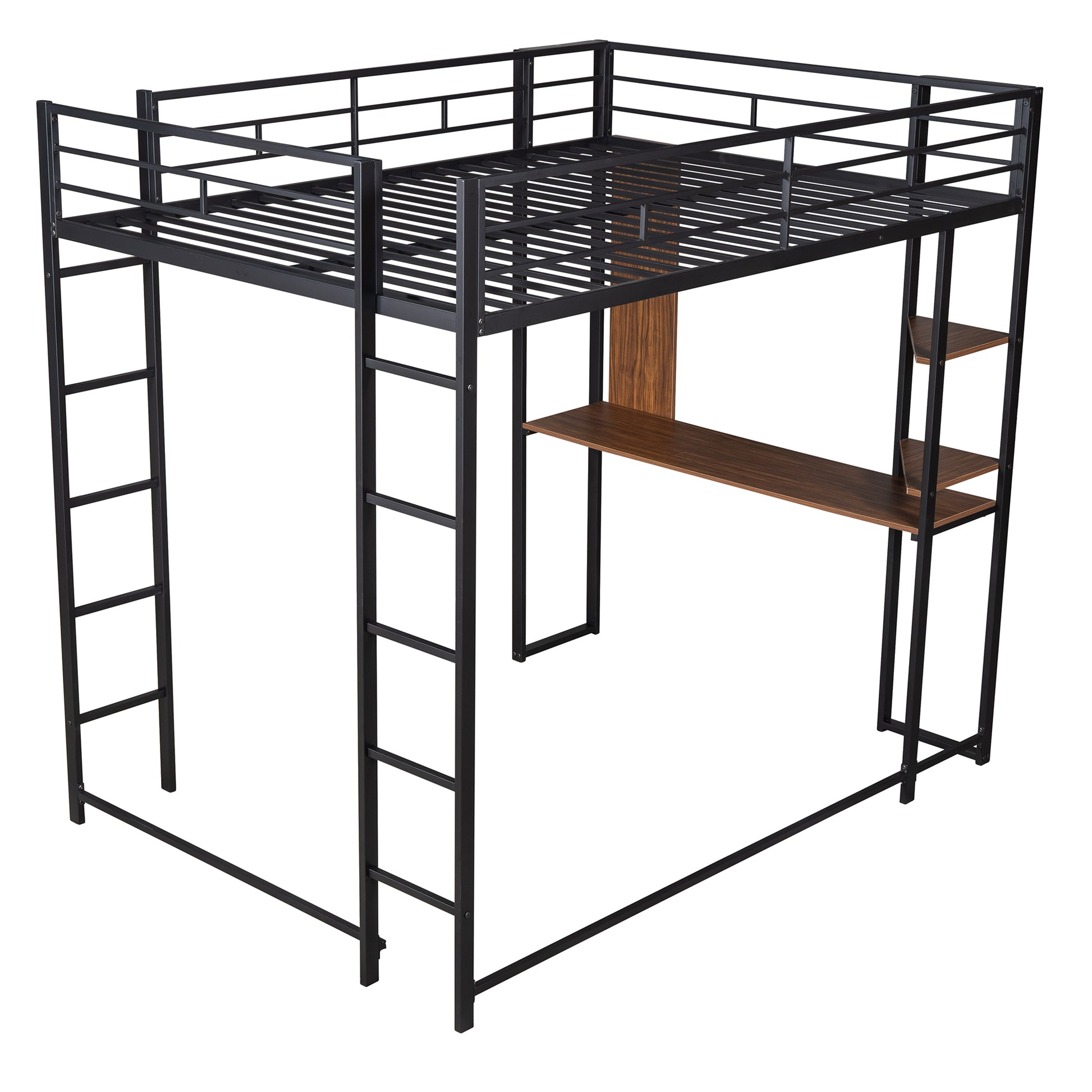 Full Size Metal Loft Bed With 2 Shelves And One Desk ,Black Old Sku: Lp000191Aab Black Metal