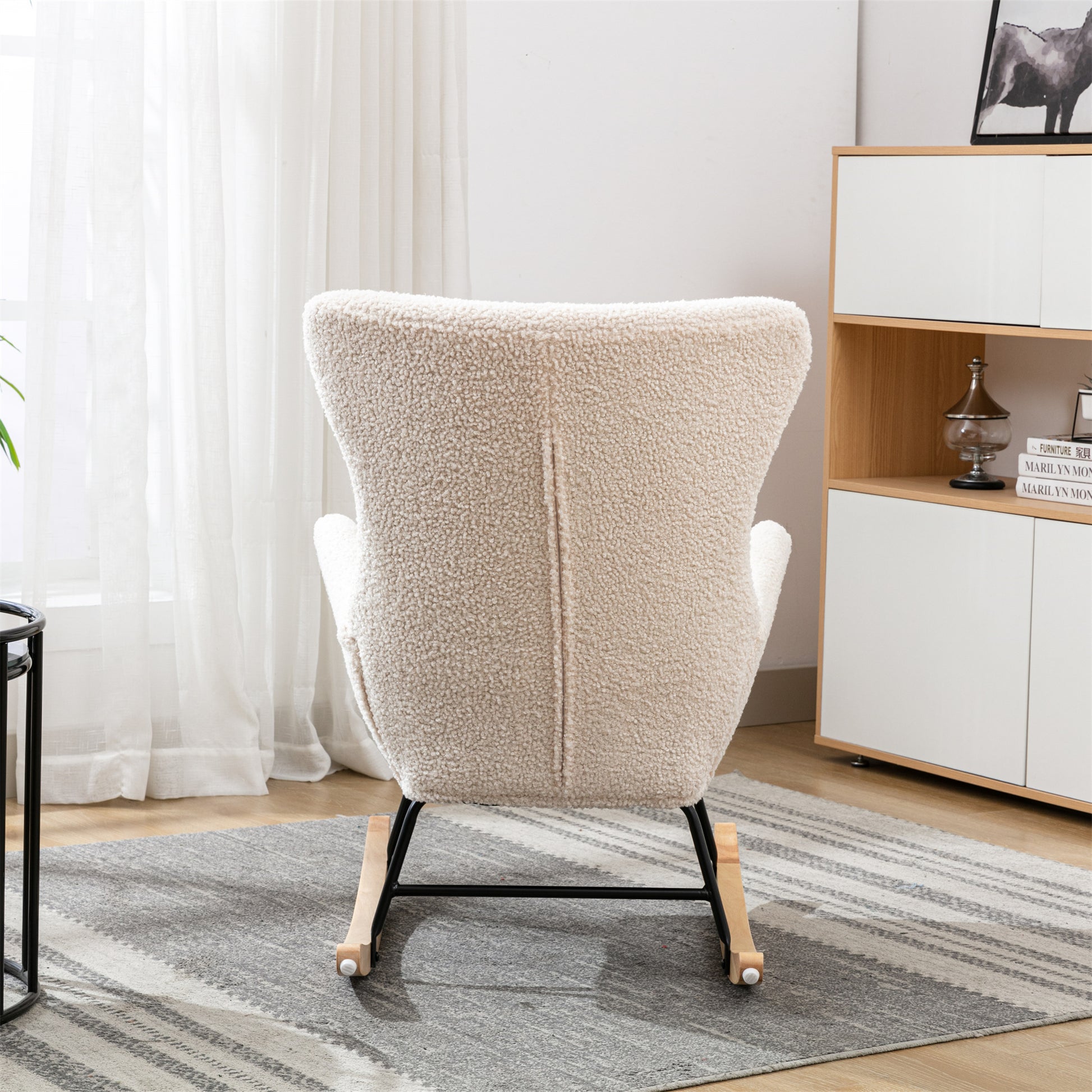 Teddy Fabric Padded Seat Rocking Chair With High Backrest And Armrests Beige Foam Upholstered