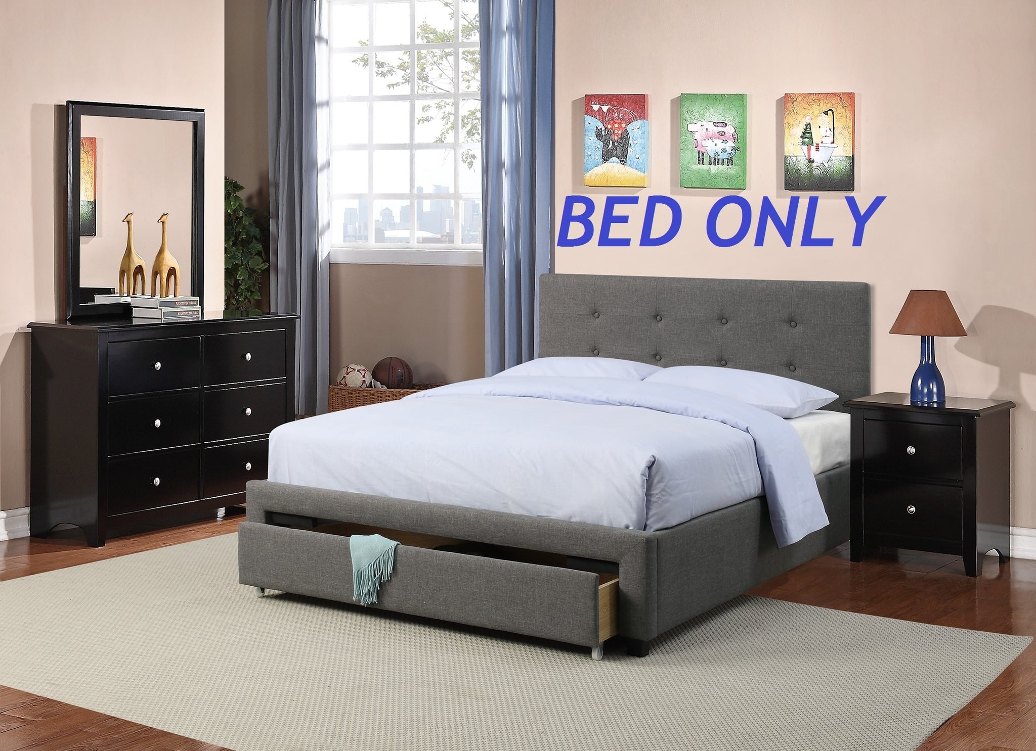 Bedroom Furniture Grey Polyfiber 1Pc Queen Size Bed Tufted Headboard Storage Drawers Footboard Box Spring Not Required Queen Grey Bedroom Modern Poplar Storage Included Solid Wood