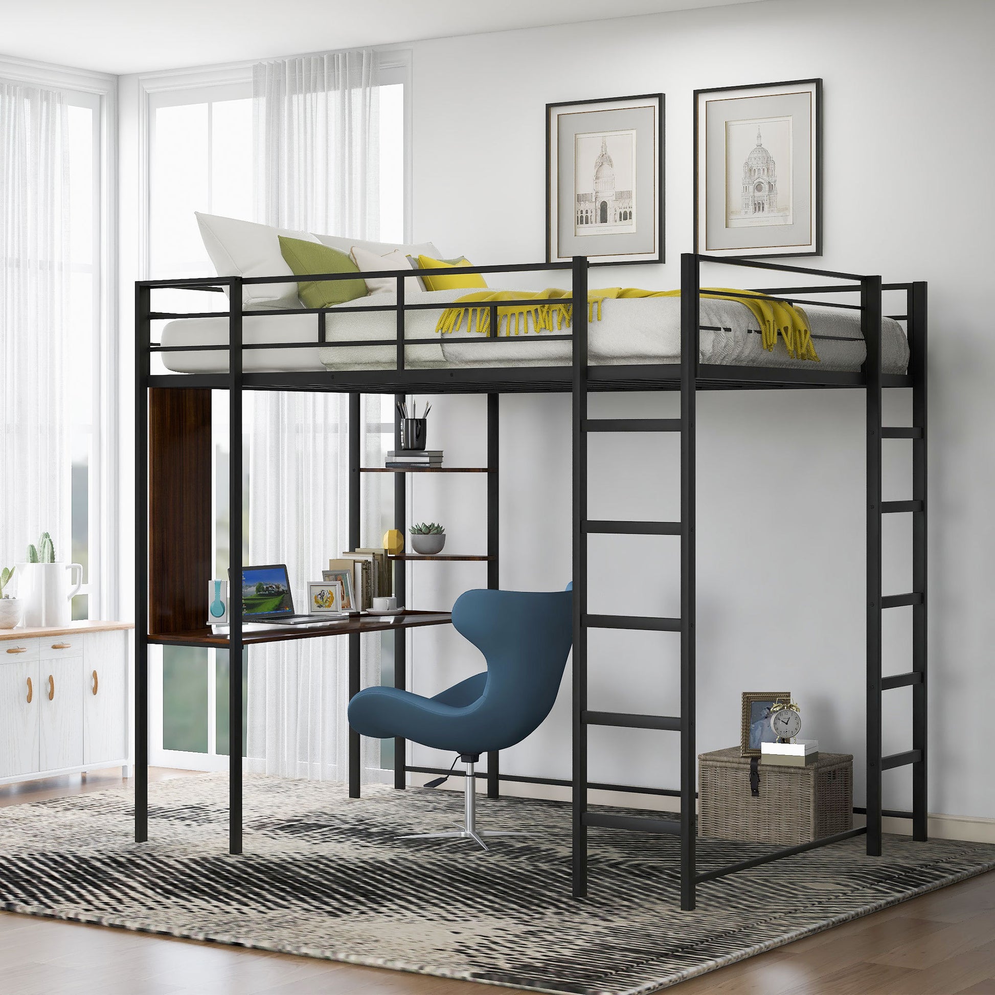 Full Size Metal Loft Bed With 2 Shelves And One Desk ,Black Old Sku: Lp000191Aab Black Metal