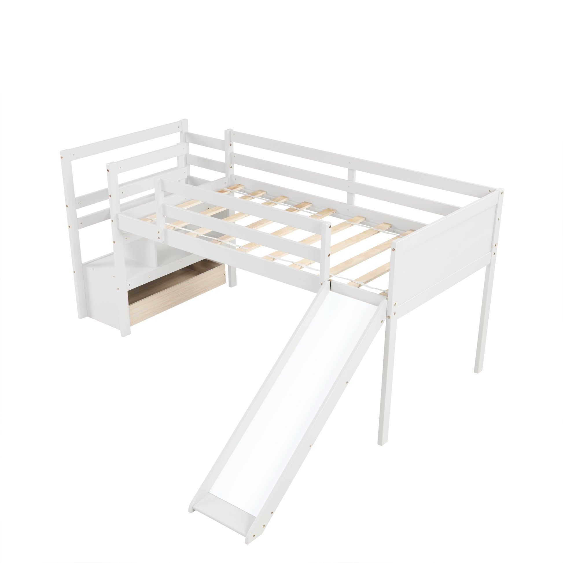 Twin Low Loft Bed With Stairs And Slide White Solid Wood