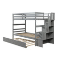 Twin Over Twin Bunk Beds With Twin Trundle And Stairway Storage Function In Grey Color Gray Pine