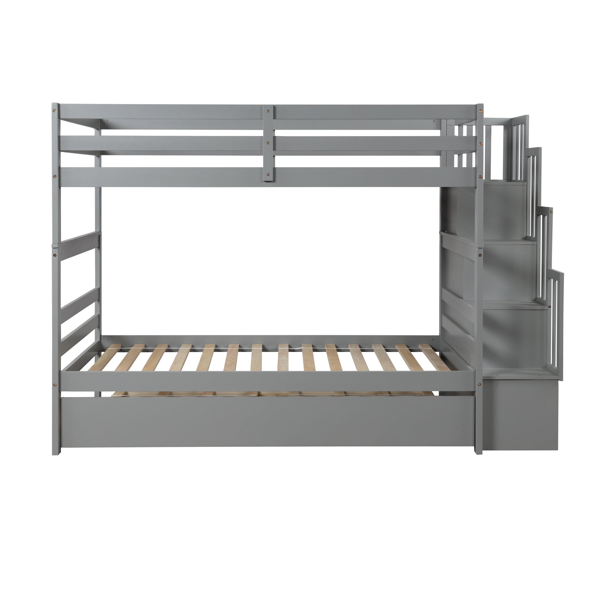 Twin Over Twin Bunk Beds With Twin Trundle And Stairway Storage Function In Grey Color Gray Pine