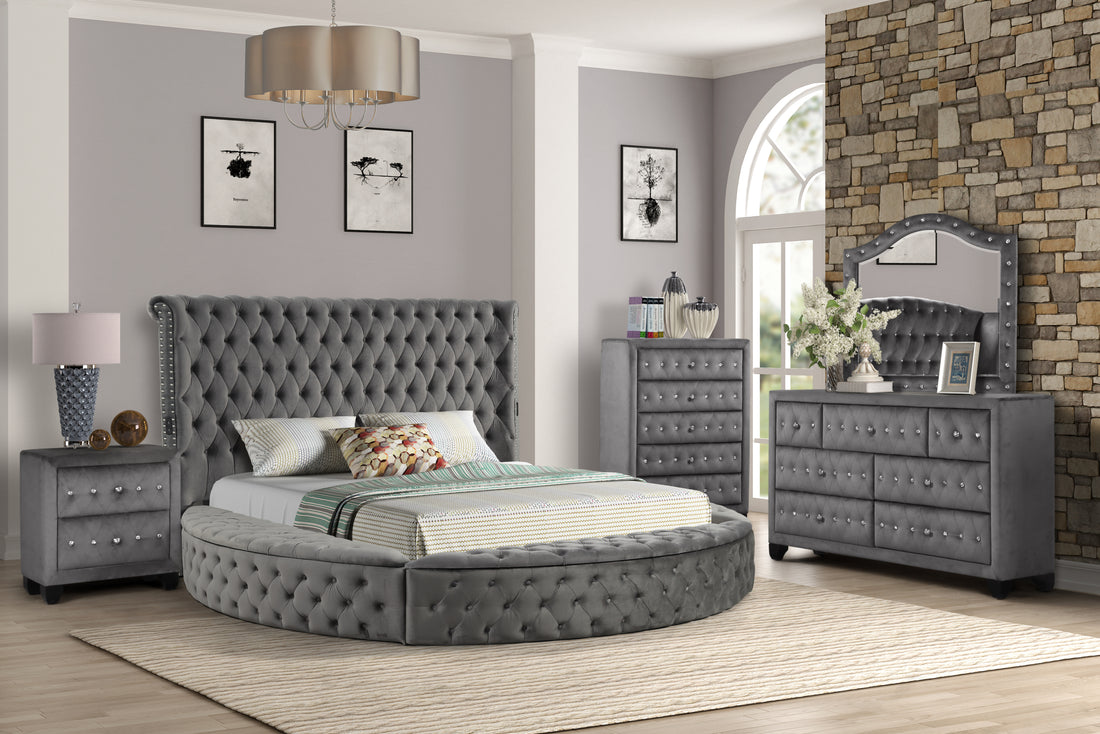 Hazel Queen 5 Pc Tufted Upholstery Bedroom Set Made With Wood In Gray Box Spring Not Required Queen Grey Wood 5 Piece Set Bedroom Bed Included,Chest Included,Dresser Included,Mirror Included,Nightstand Included Contemporary,Modern Upholstered Velvet