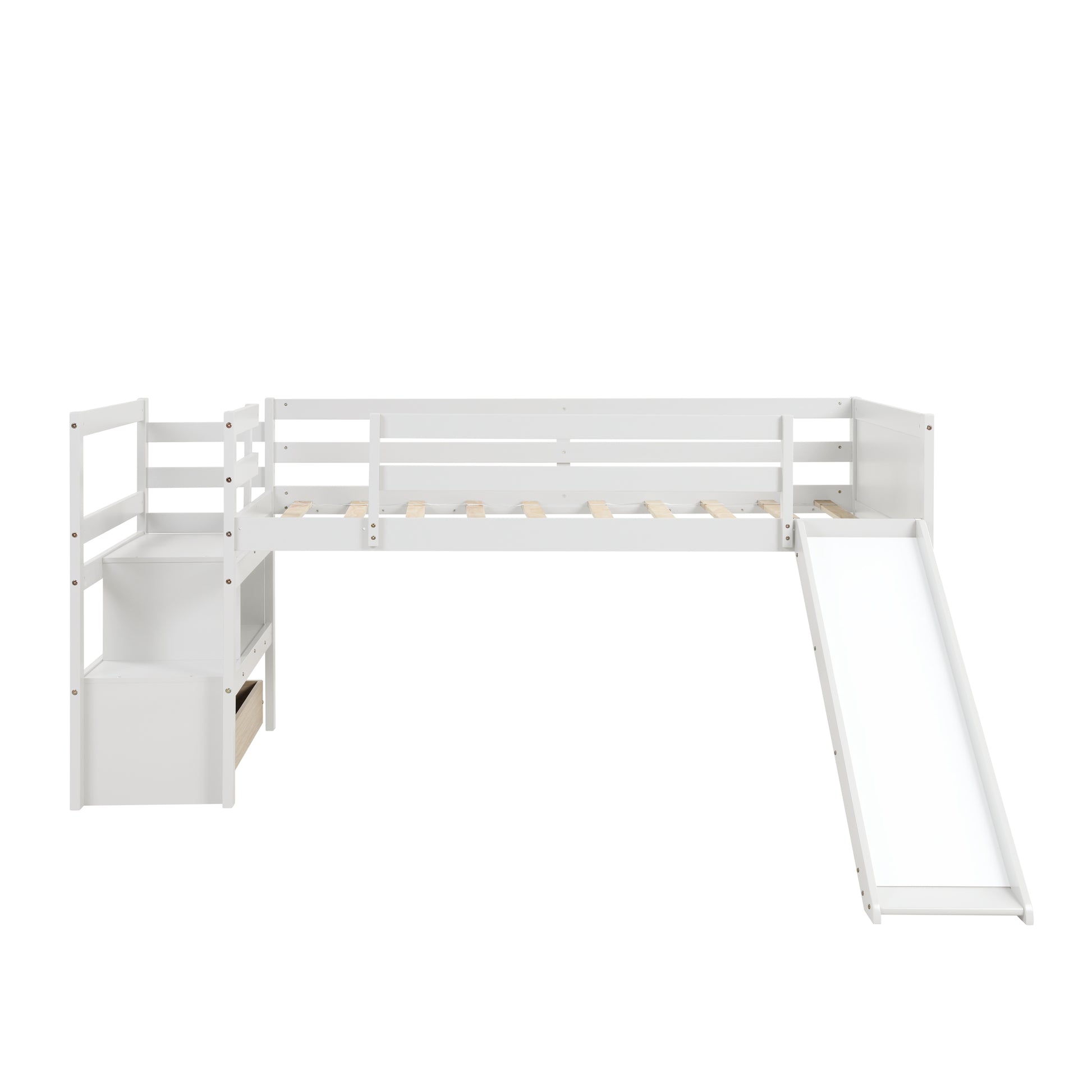 Twin Low Loft Bed With Stairs And Slide White Solid Wood