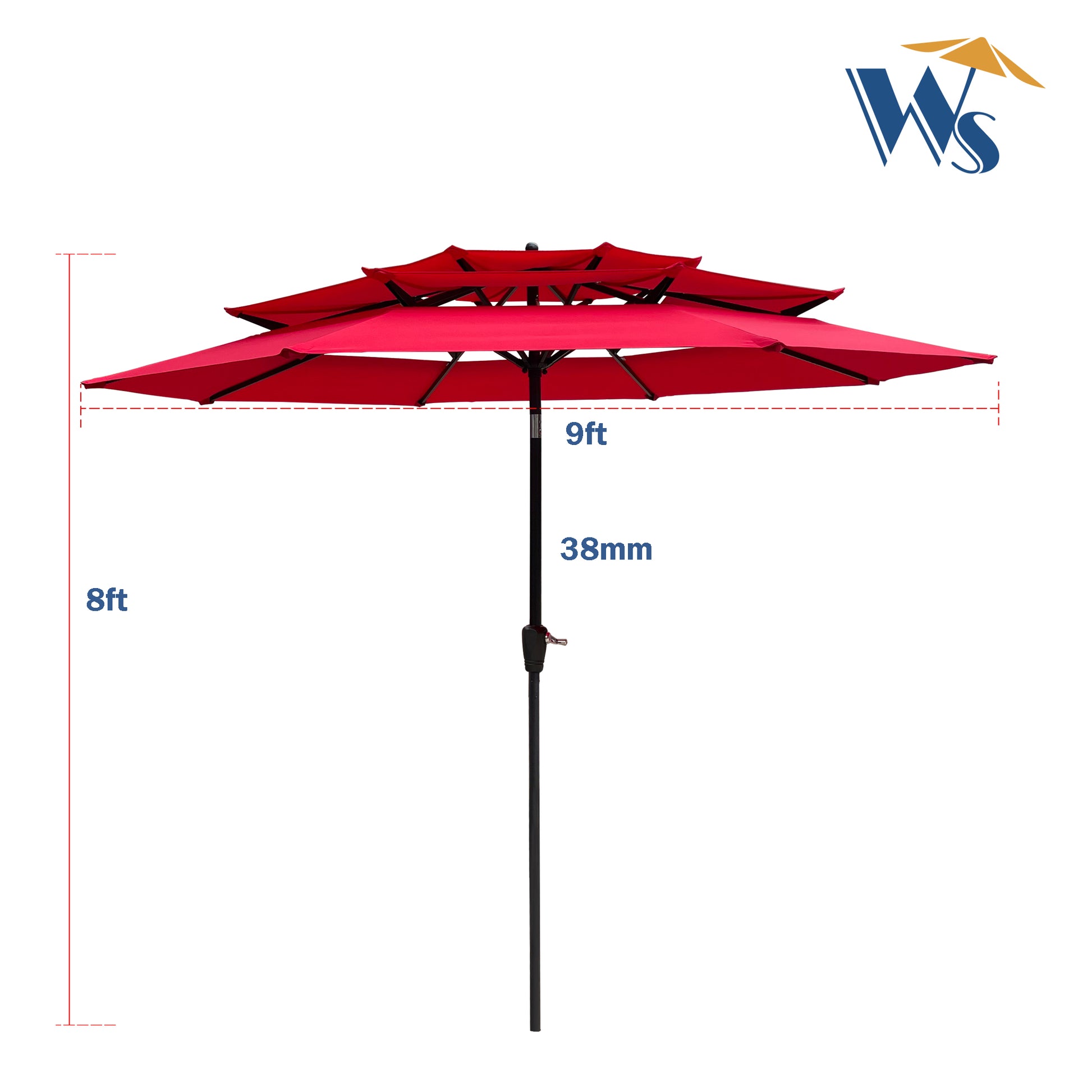 9Ft 3 Tiers Outdoor Patio Umbrella With Crank And Tilt And Wind Vents For Garden Deck Backyard Pool Shade Outside Deck Swimming Pool Red Metal