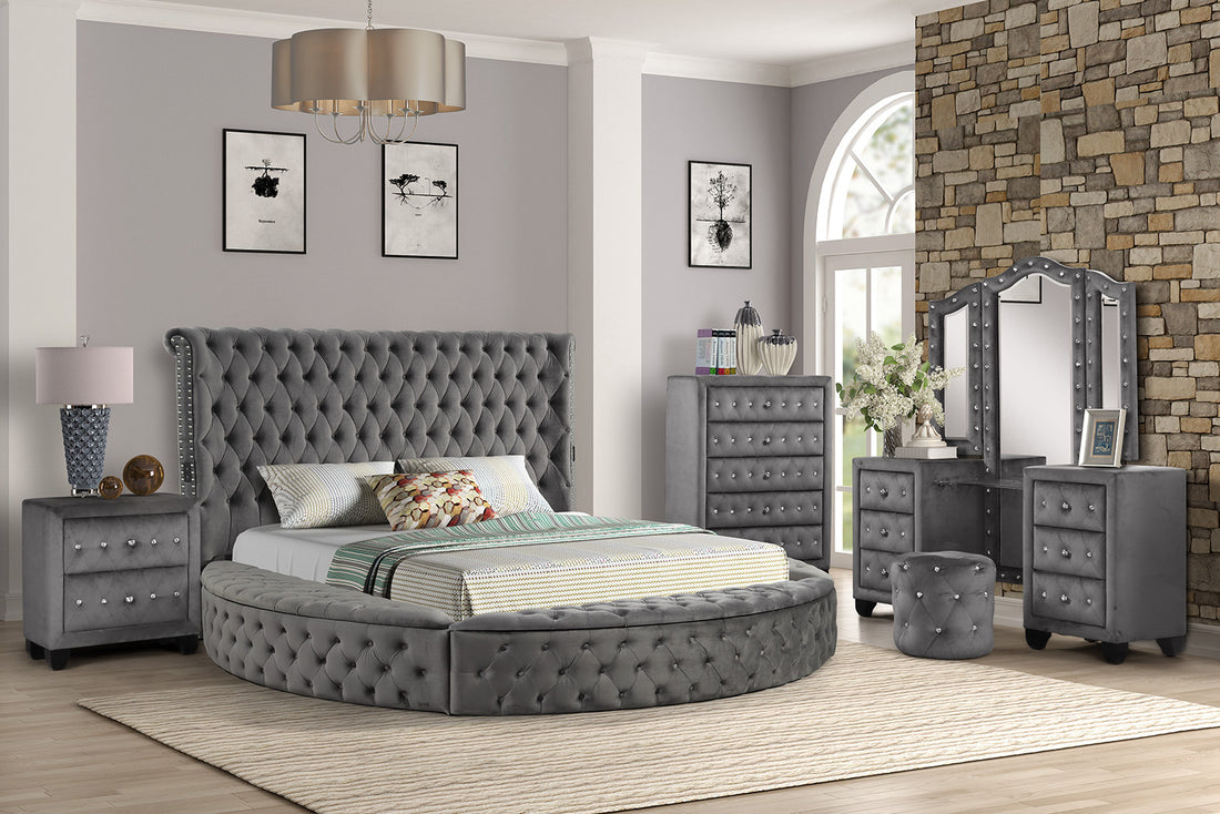 Hazel Queen 5 Pc Vanity Bedroom Set Made With Wood In Gray Color Box Spring Not Required Queen Grey Wood 5 Piece Set Bedroom Bed Included,Chest Included,Dresser Included,Mirror Included,Nightstand Included Contemporary,Modern Upholstered Velvet Tufted