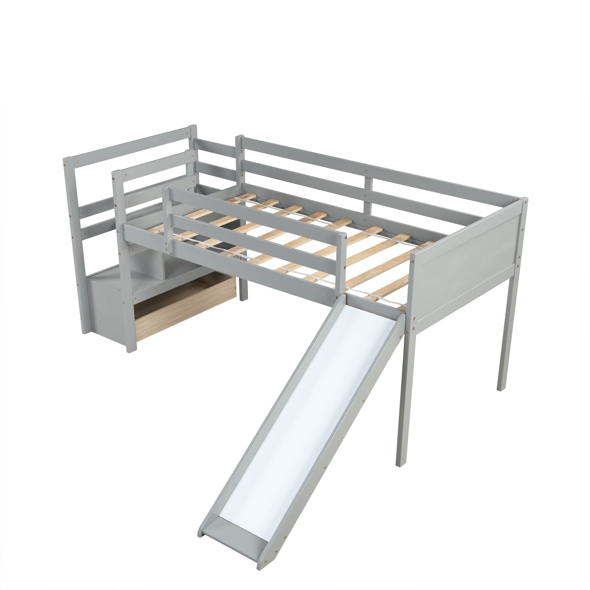 Twin Low Loft Bed With Stairs And Slide Gray Solid Wood