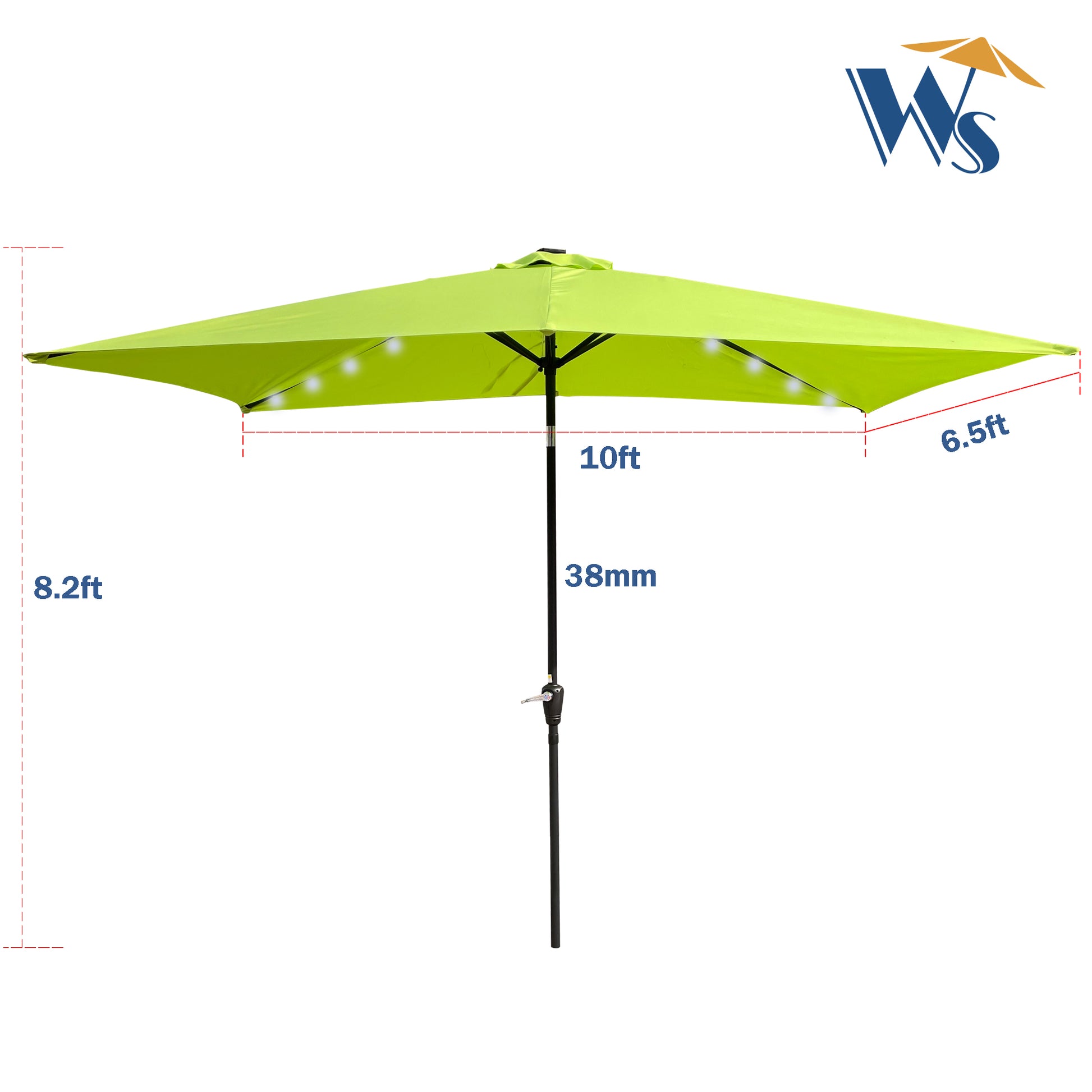 10 X 6.5T Rectangular Patio Solar Led Lighted Outdoor Umbrellas With Crank And Push Button Tilt For Garden Backyard Pool Swimming Pool Lime Green Metal