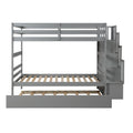 Twin Over Twin Bunk Beds With Twin Trundle And Stairway Storage Function In Grey Color Gray Pine