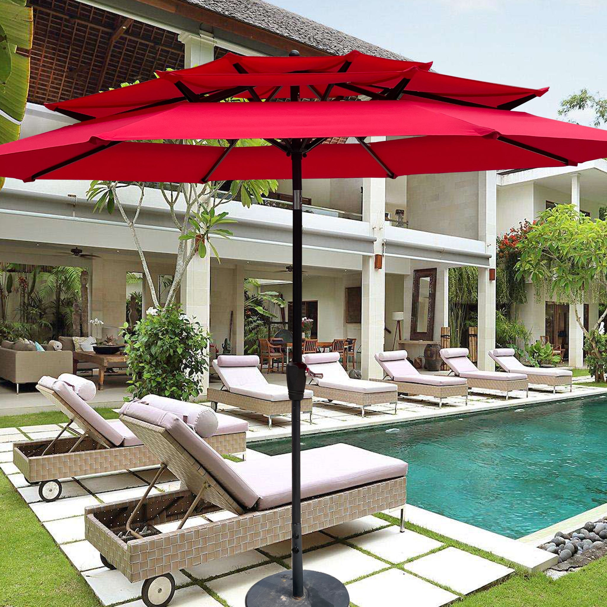 9Ft 3 Tiers Outdoor Patio Umbrella With Crank And Tilt And Wind Vents For Garden Deck Backyard Pool Shade Outside Deck Swimming Pool Red Metal