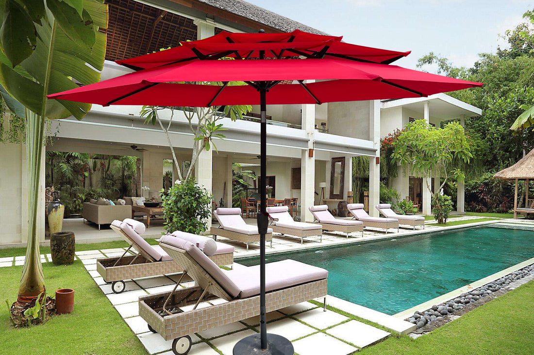 9Ft 3 Tiers Outdoor Patio Umbrella With Crank And Tilt And Wind Vents For Garden Deck Backyard Pool Shade Outside Deck Swimming Pool Red Metal