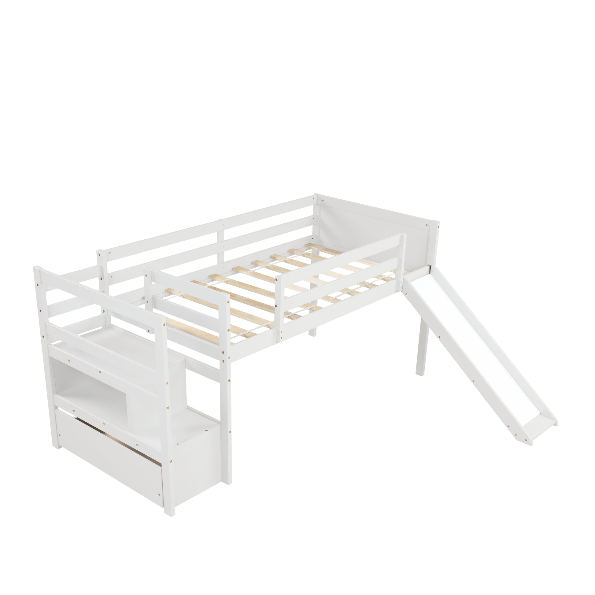 Twin Low Loft Bed With Stairs And Slide White Solid Wood